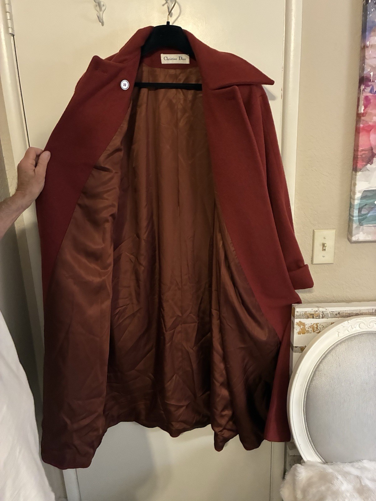 VTG. Couture Christian Dior Womens Deep Red Wool Maxi Coat/Scarf Collar SZ 14