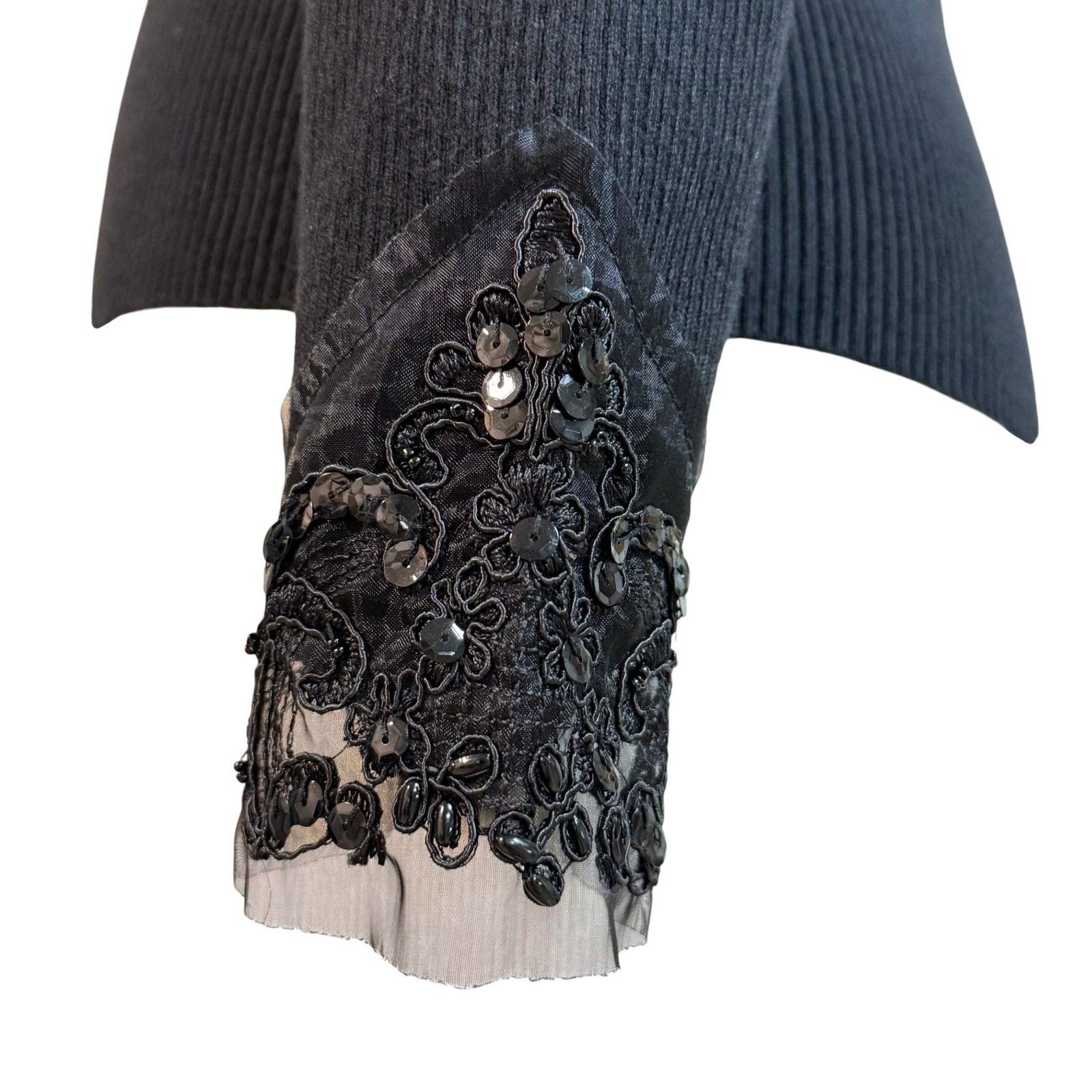 Vintage Black Ribbed Knit Sweater Sequin & Lace Trim Size Small