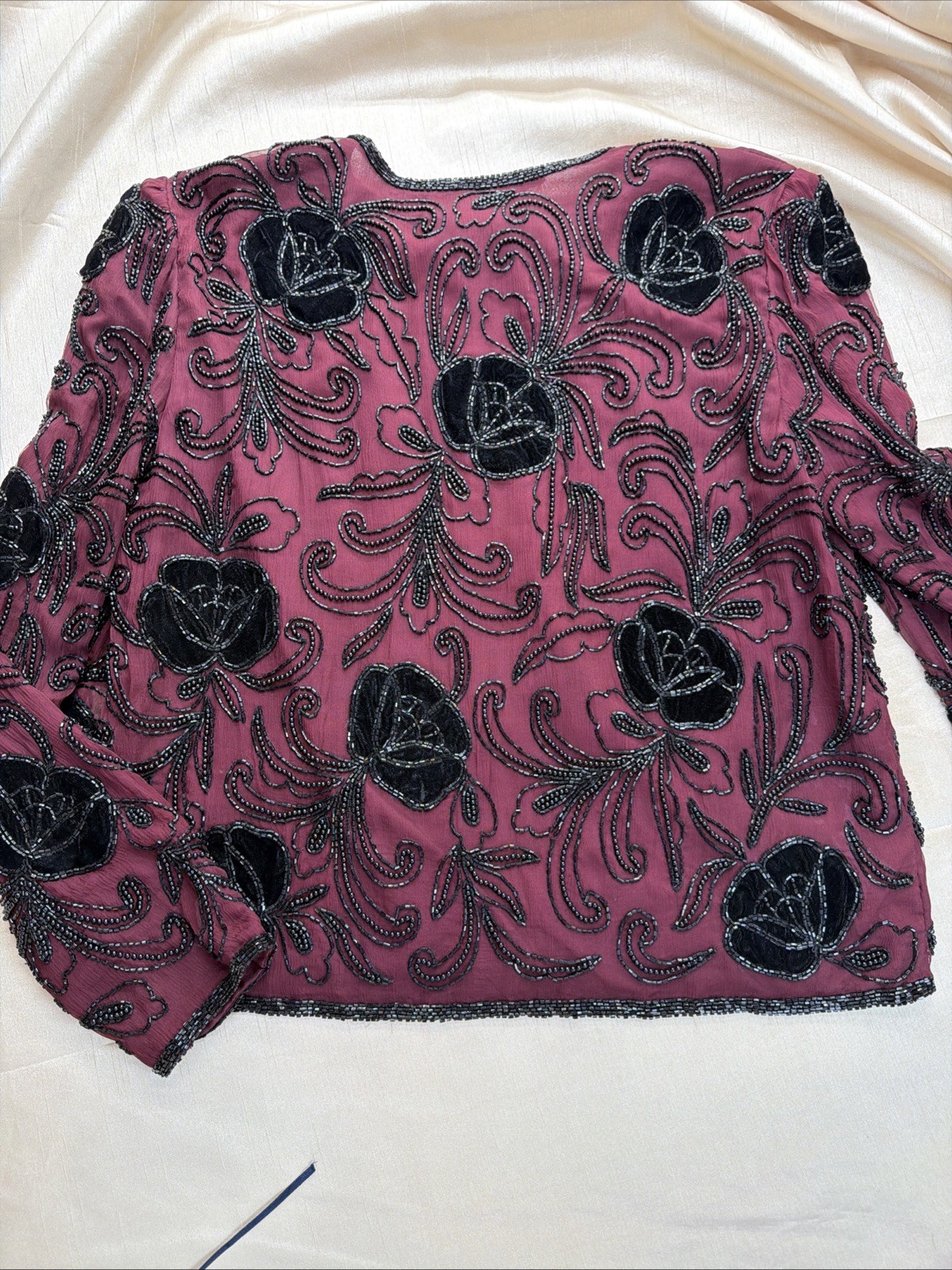 Adrianna Papell Silk Beaded Ornate Evening Jacket Small Burgundy Black Velvet