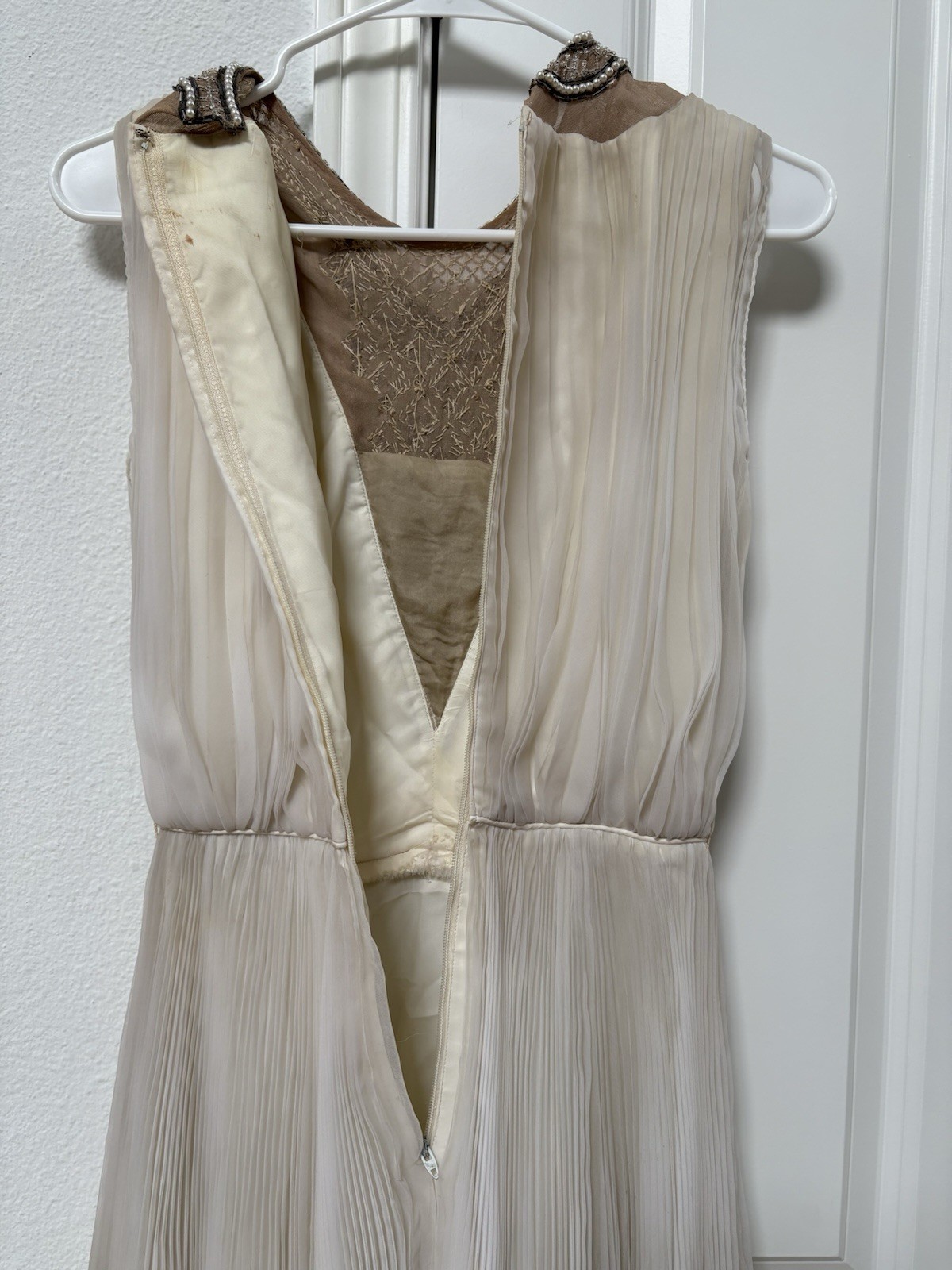 Vintage 60s Jack Bryan Ivory Beaded Pleated Ruffle Cocktail Dress Gatsby S/M