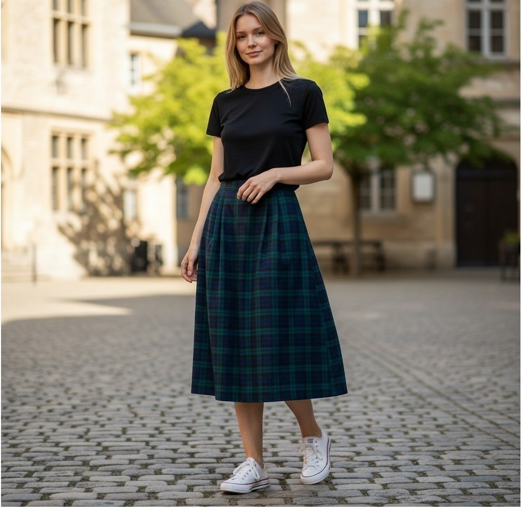 Vintage David Brooks Plaid Worsted Wool Blend Pencil Skirt Navy Green Lined 12