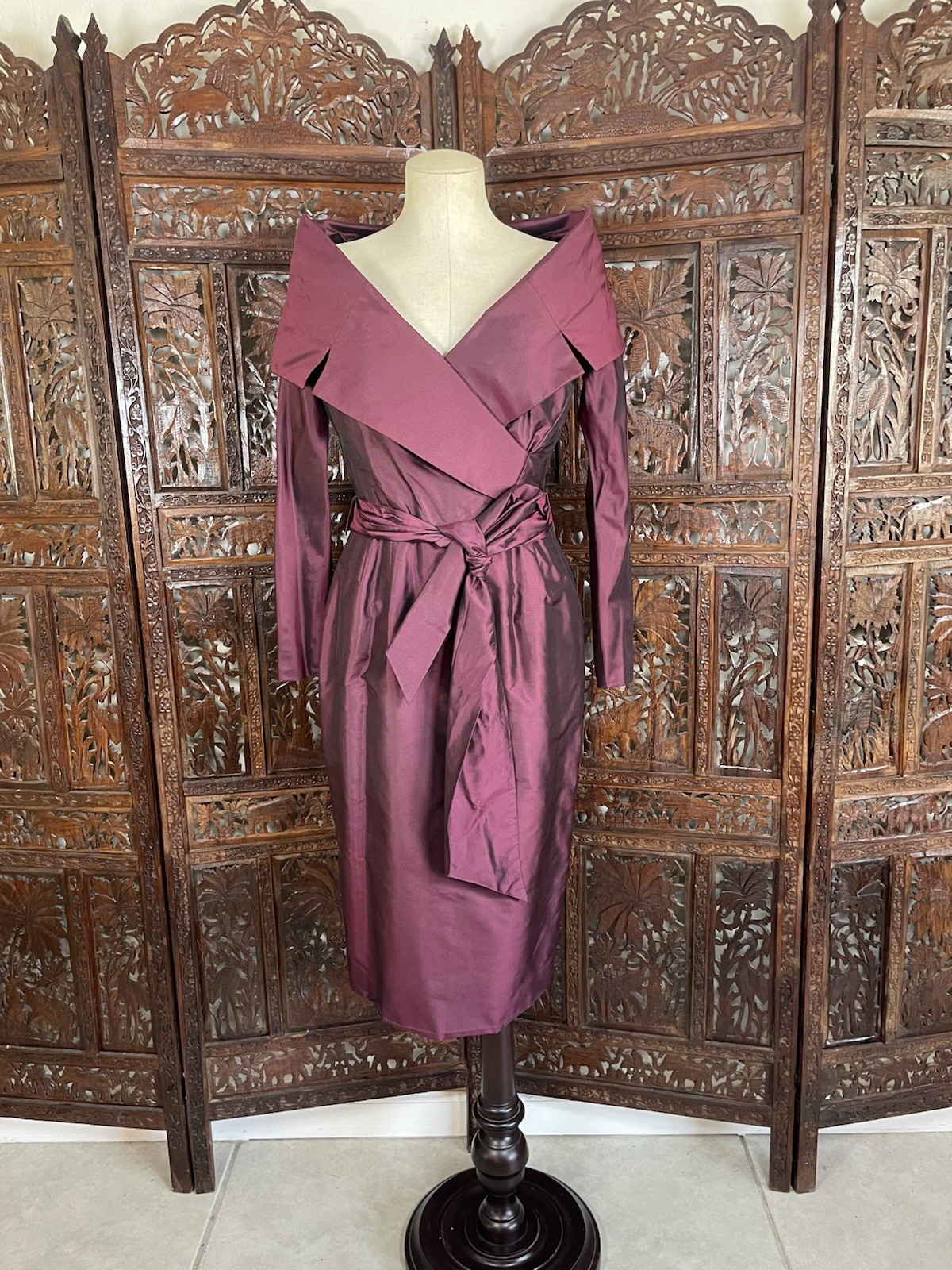 Vtg 1990s Catherine Regehr Dress Burgundy Silk Taffeta Evening Formal Dress Sz S