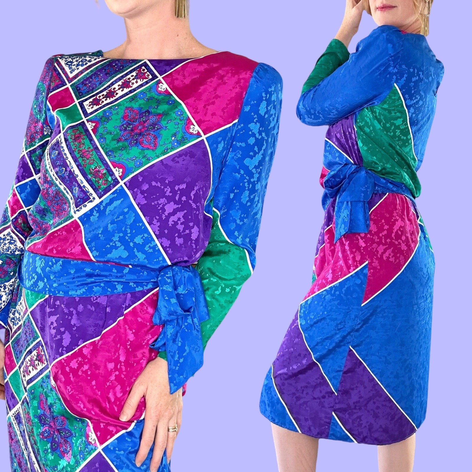 VTG 80’S HAL FERMAN DONALD CURTIS 2PC BLOUSE SKIRT DRESS SET COLORFUL 28-34″W