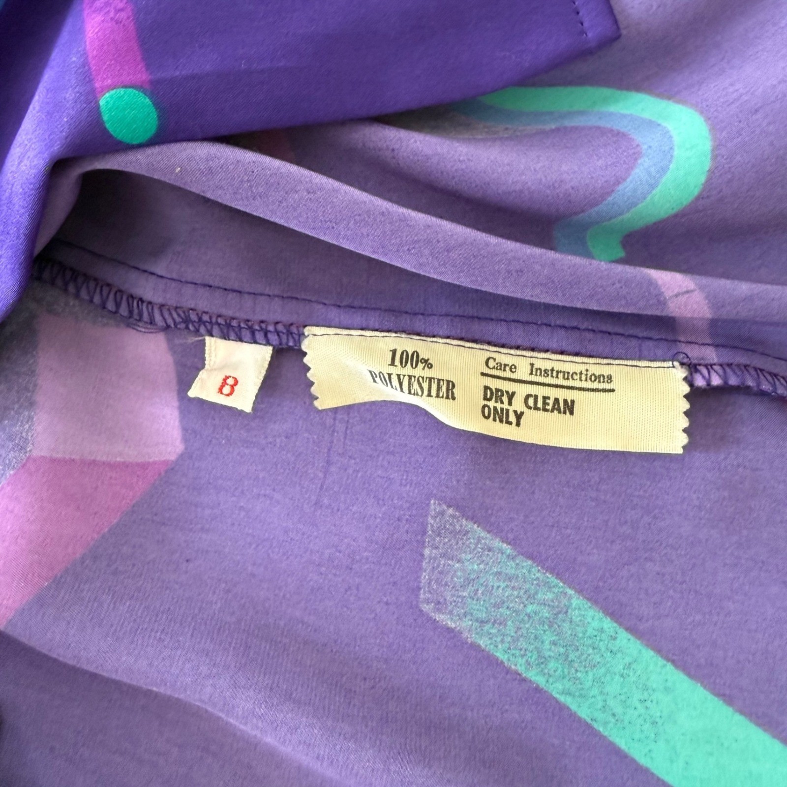 Hanae Mori Vintage Purple Geometric Abstract Ruffle Neck Satin Blouse Size 8