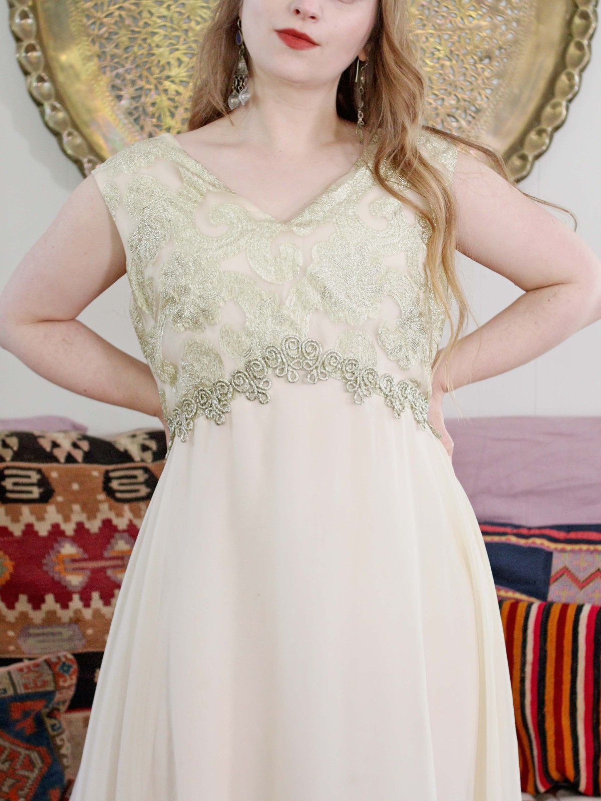 VTG 1960s Champagne Chiffon Metallic Gold Empire Waist Maxi Party Dress Grecian