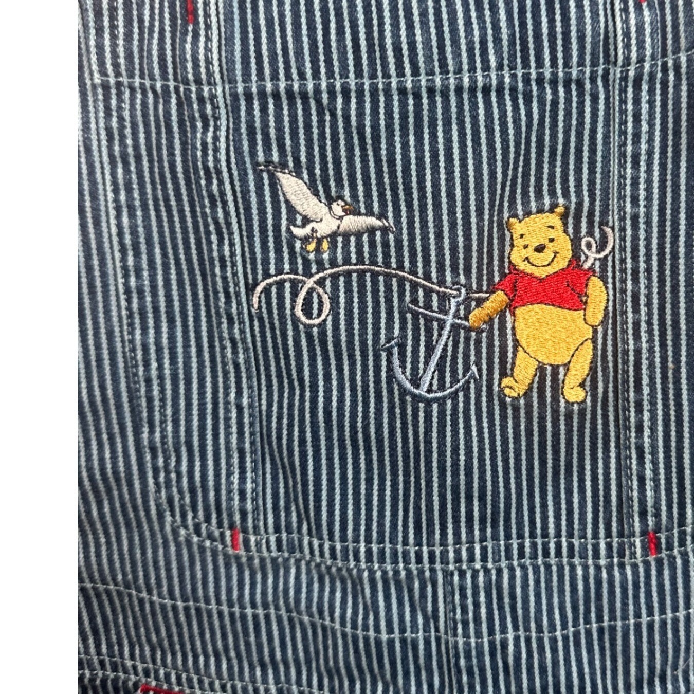 Vtg Y2K Disney Winnie the Pooh Embroidered Stripe Denim Shortalls Shorts Medium