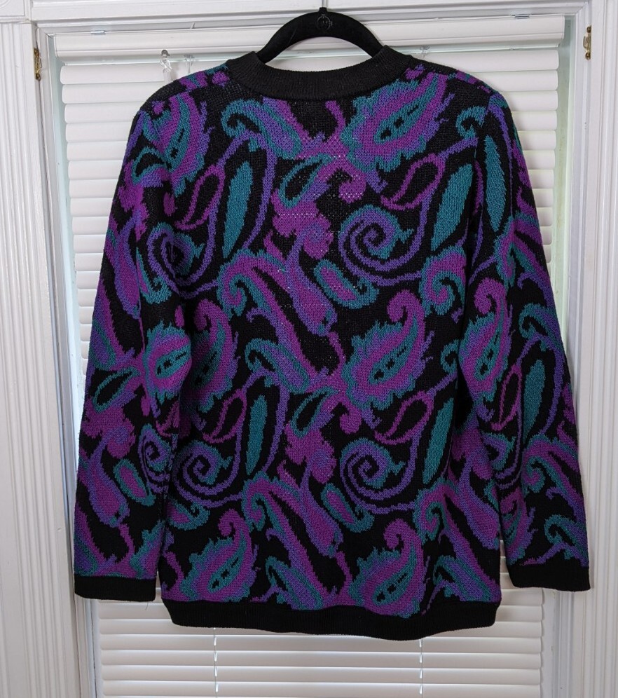 VTG 80s Women’s M/L Open Front Cardigan Sweater Paisley Shoulder Pads EUC