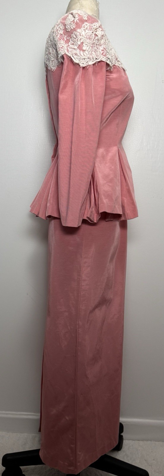 Vtg 80s Watters & Watters Pink Lace Pleated Peplum Maxi Skirt Formal Set XS/S