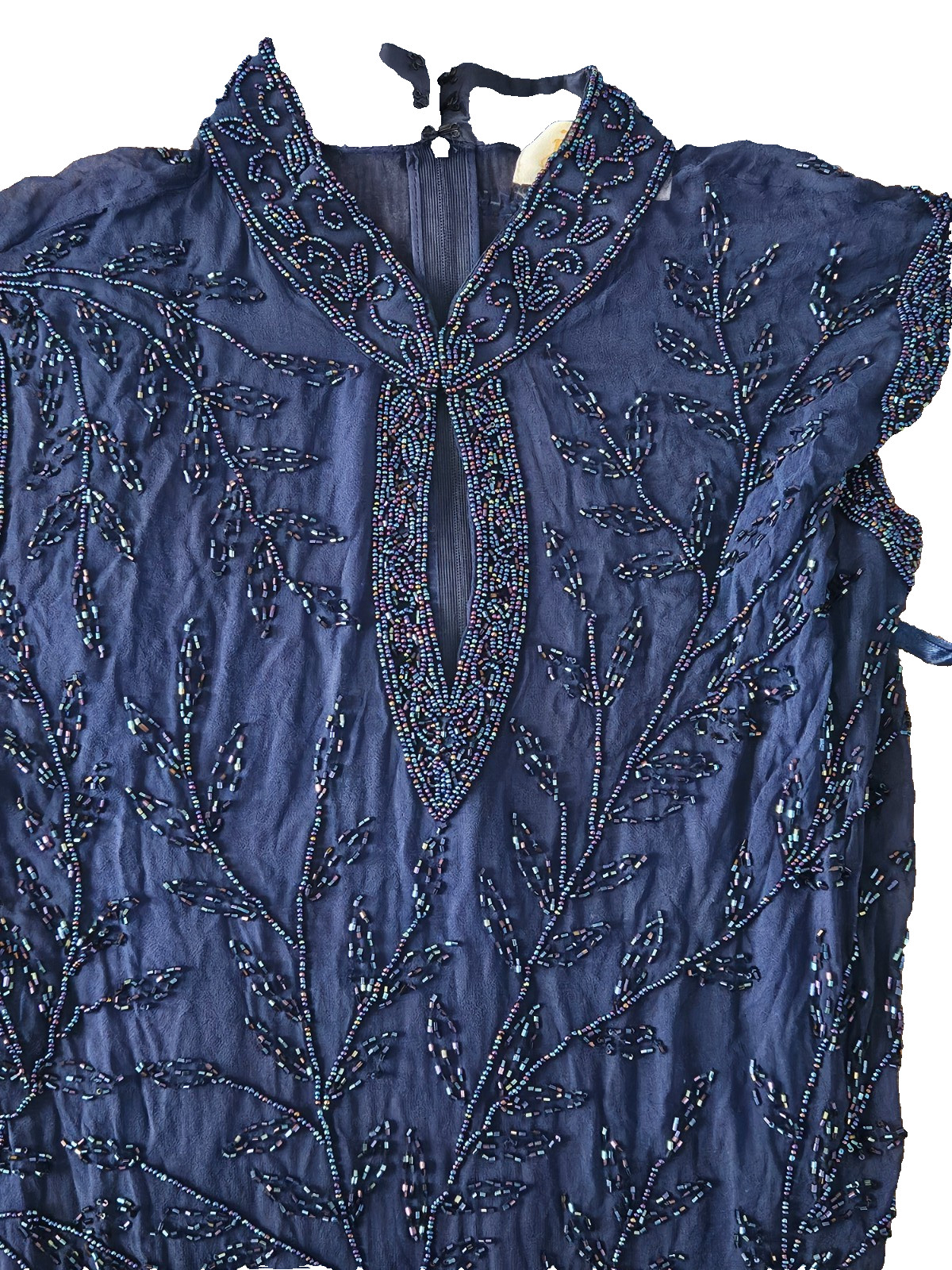 Jasjas Designs New York VTG Women’s Silk Beaded Sleevless Sequin Top NAVY Size L