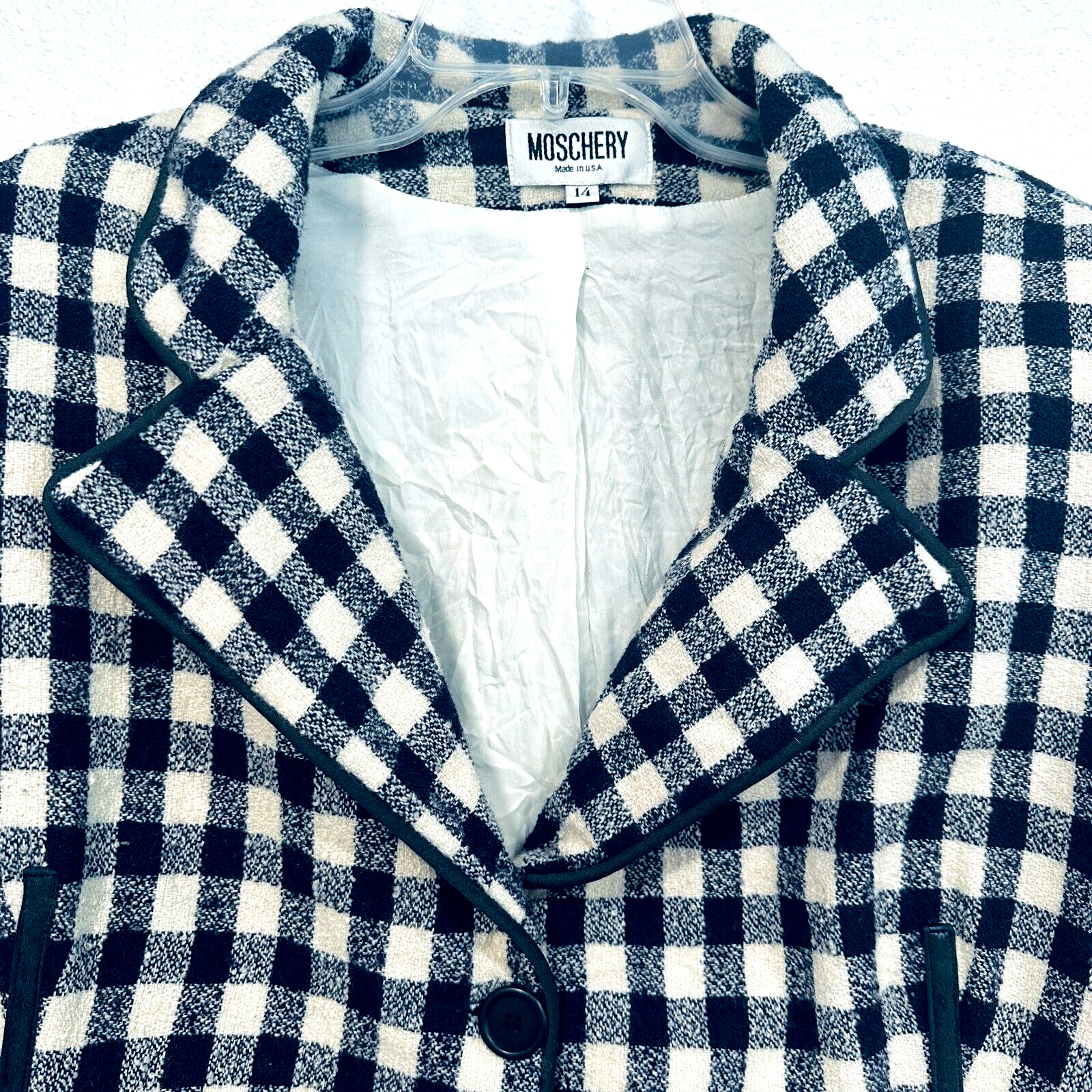 Vintage Moschery Wool Blazer Jacket Navy Blue / White Plaid Made in USA Size 14