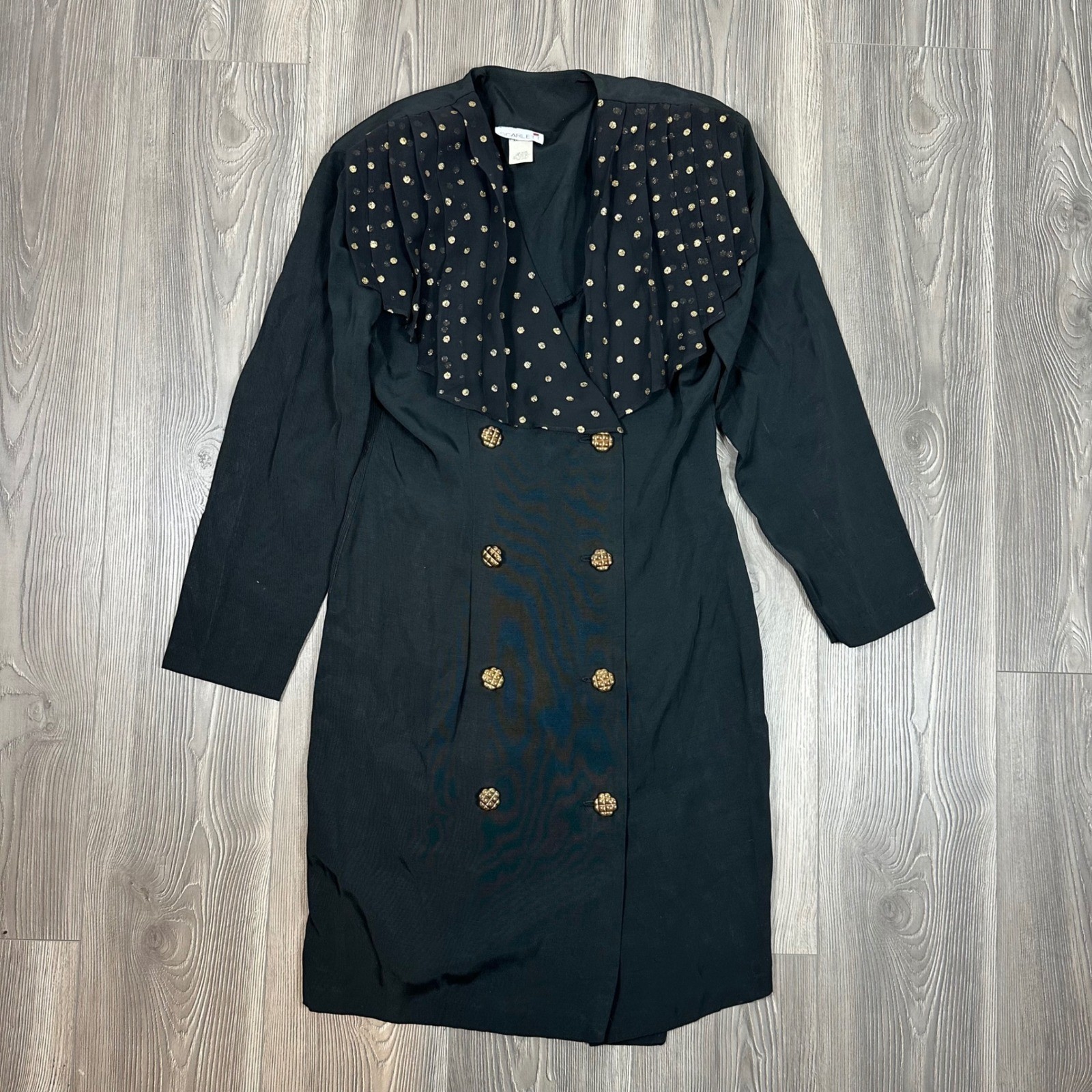 Vintage Scarlett Black Blazer Dress with Sheer Black and Gold Polka Dot Overlay