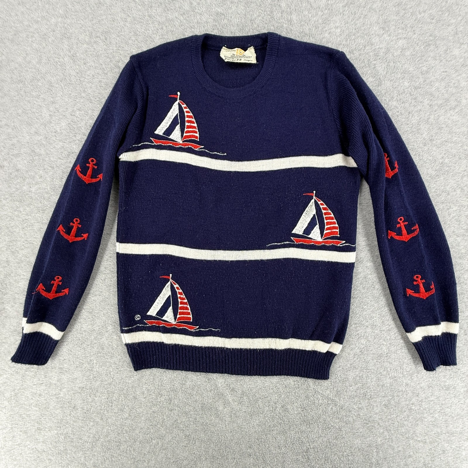 Vtg Nautical Sailboat Anchor Sweater Womens Small Blue Knit Coastal Striped