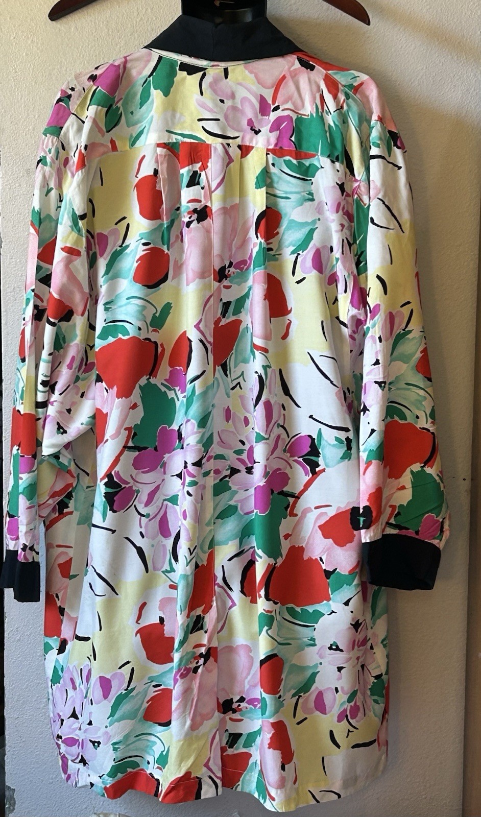 VTG 80’s Women’s Frangiano Floral Rayon Duster W/ Black Collar Cuffs New Wave