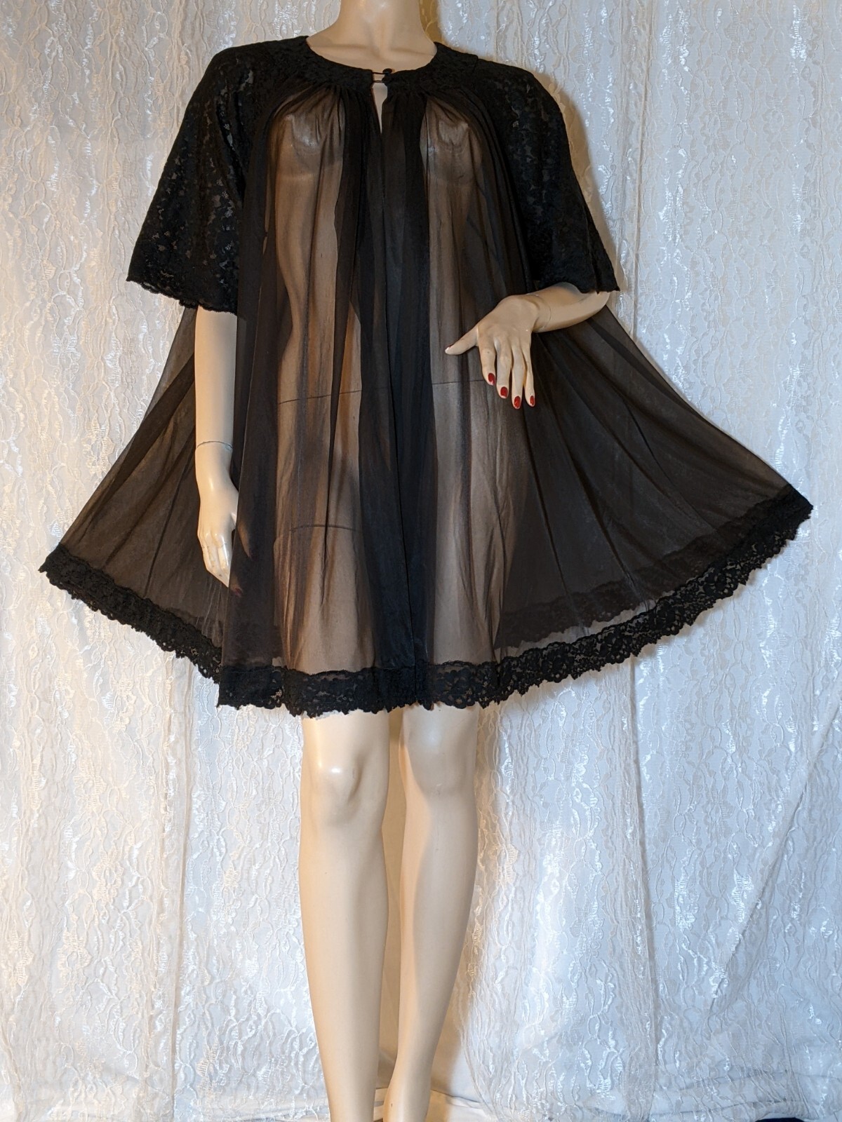 Vintage Shadowline Black Chiffon Lace Lingerie Dressing Gown Peignoir Robe L