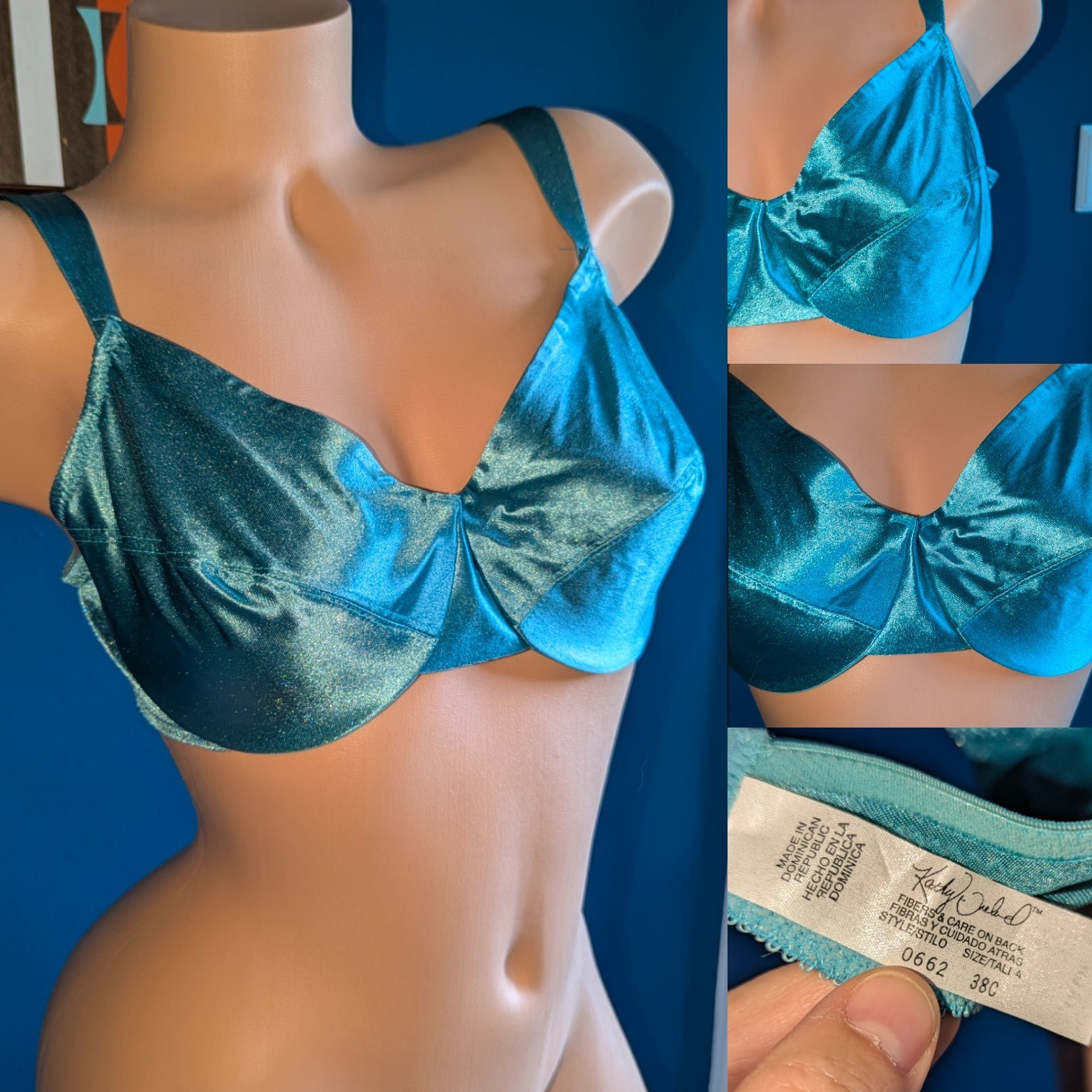 1990s Kathy Ireland Second Skin Satin Unlined Bra 38C Aqua Teal NWOT NOS Shimmer
