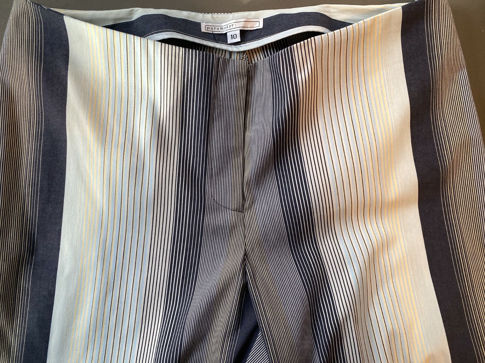 Parameter pants trousers Sz 10 slim striped light blue dark gray creamy yellow