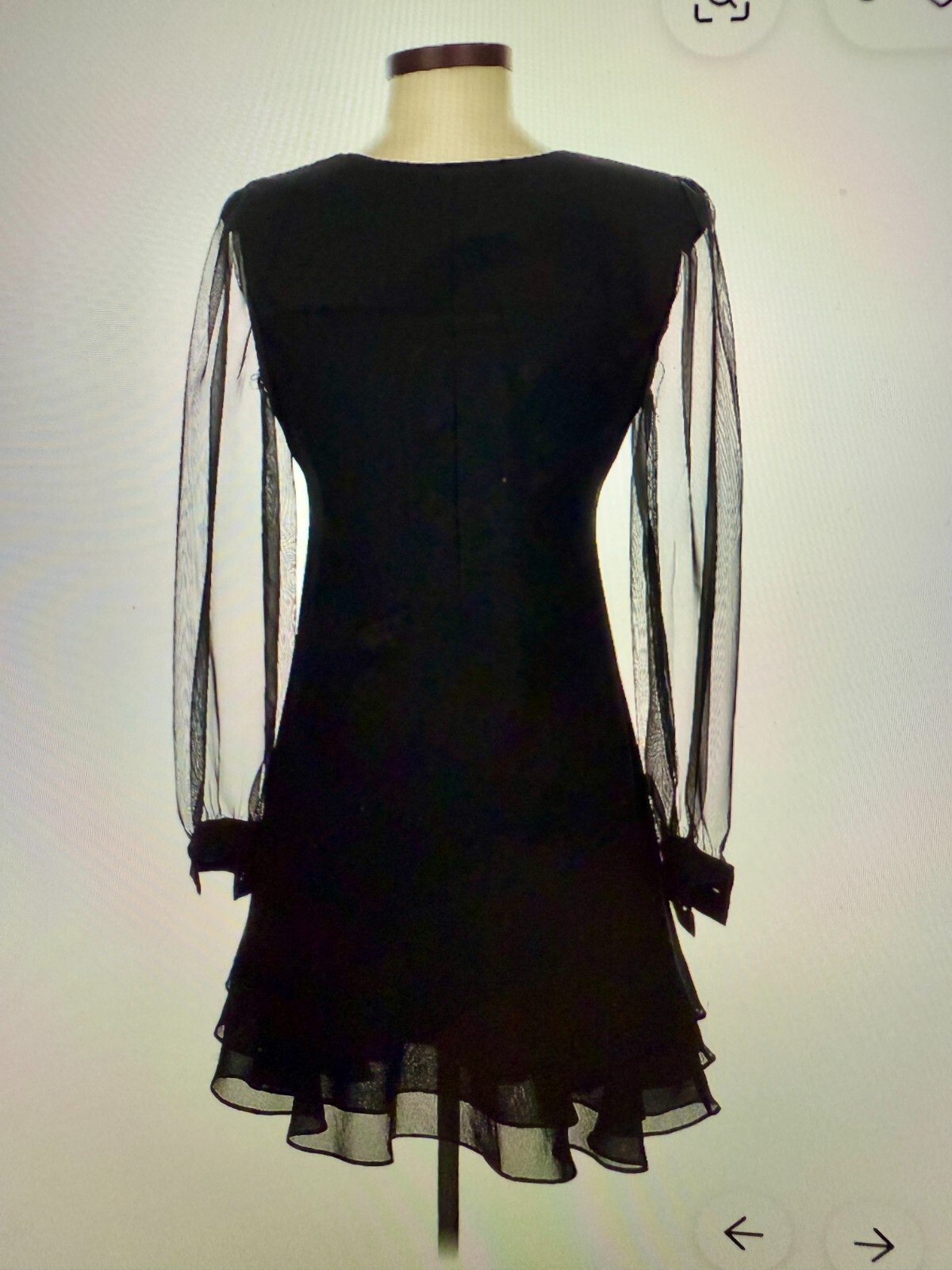 Hampton Nites sz 8 Women’s Sheer Sleeved Ruffled Hem Black Dress #291