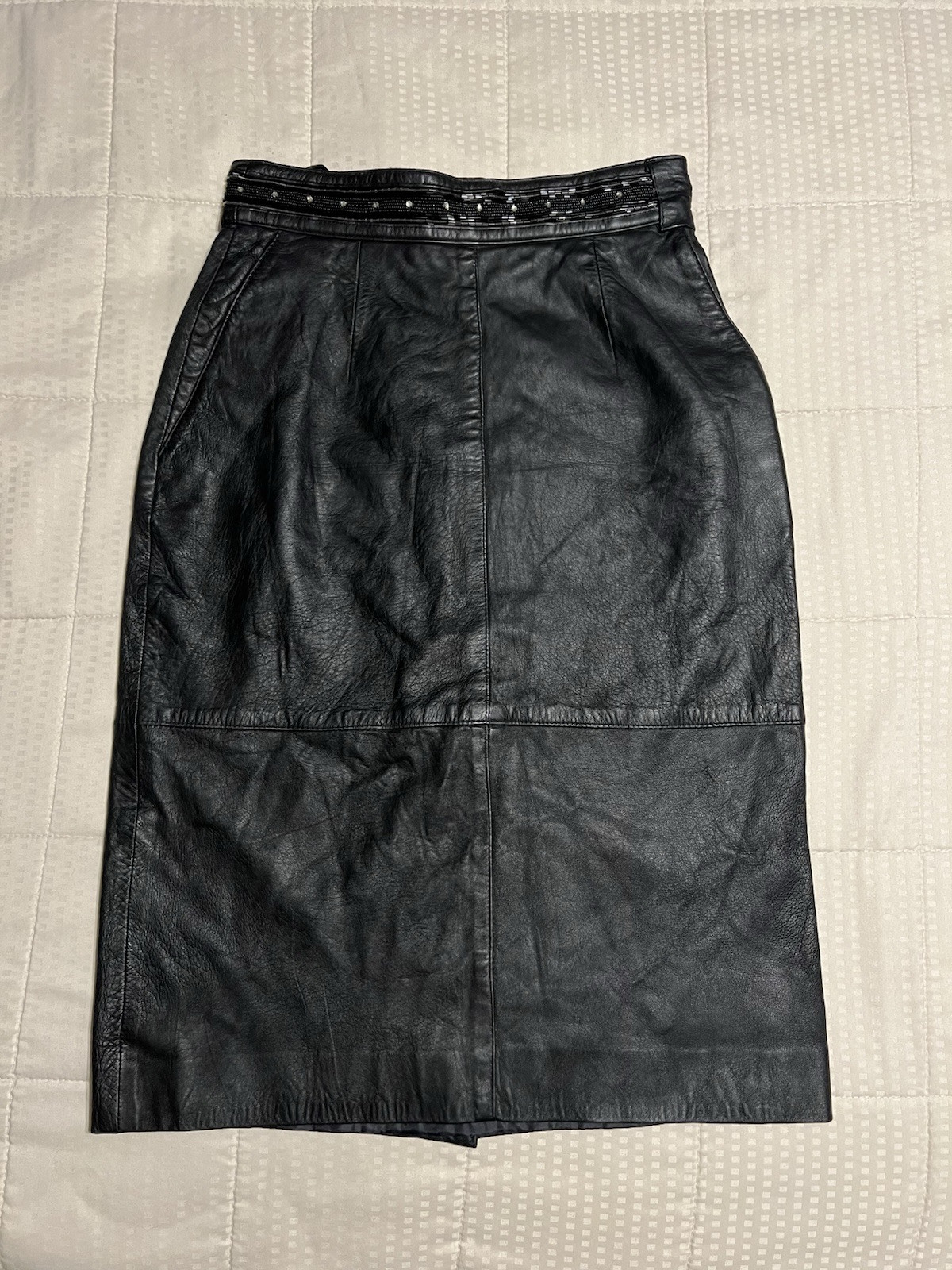 Vintage Bellissima Black Lamb Leather Skirt With Beadwork Size Medium