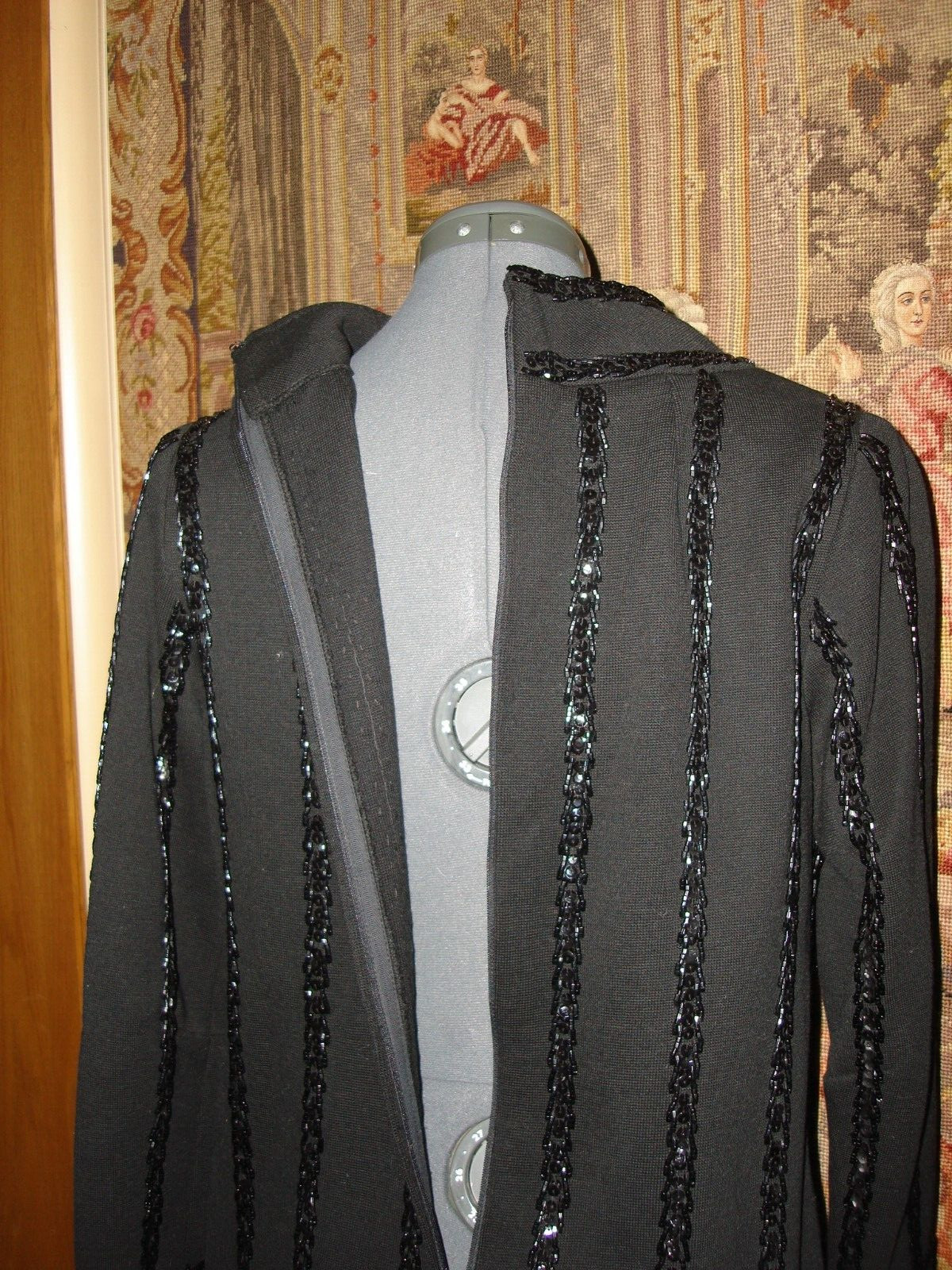Vintage Unique 60s Palio Black Hand Beaded Sequin Virgin Wool Sweater Bluose M