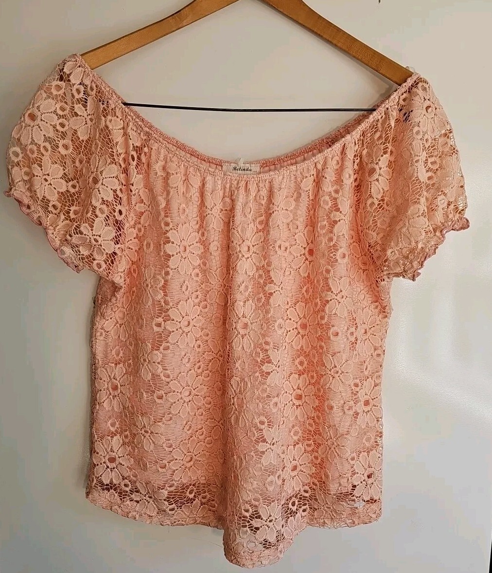 Women’s Off Shoulder Top Lace Peach Beachy Sz M Baby Doll Made USA Belinda 1970
