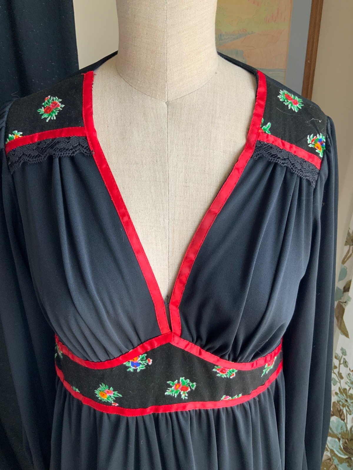 Vintage Rags by Kressandra San Francisco 1970’s Black and Red Long Dress Size 7