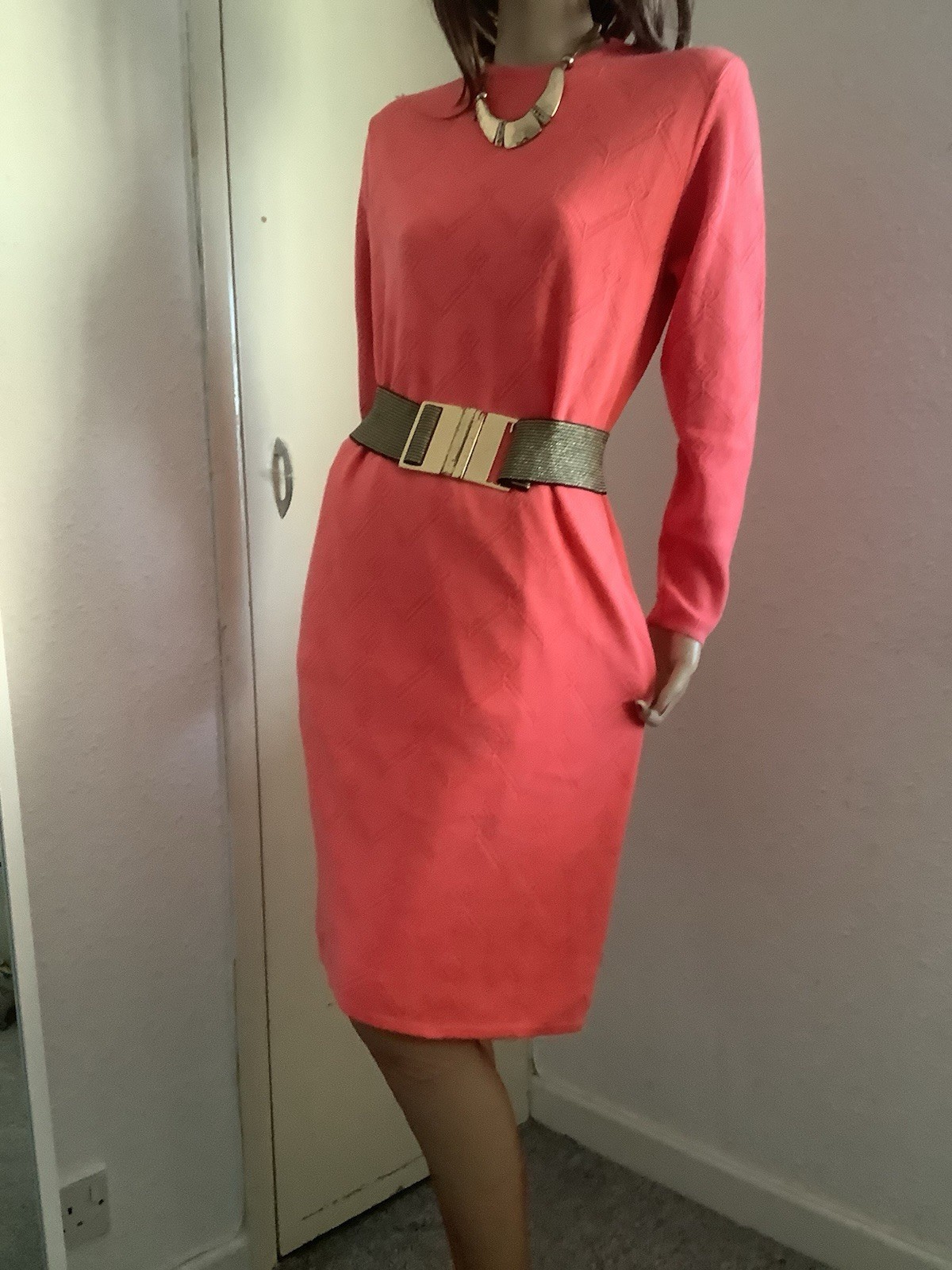 Vintage 1970s Coral Salmon Pink Knitted Dress 16