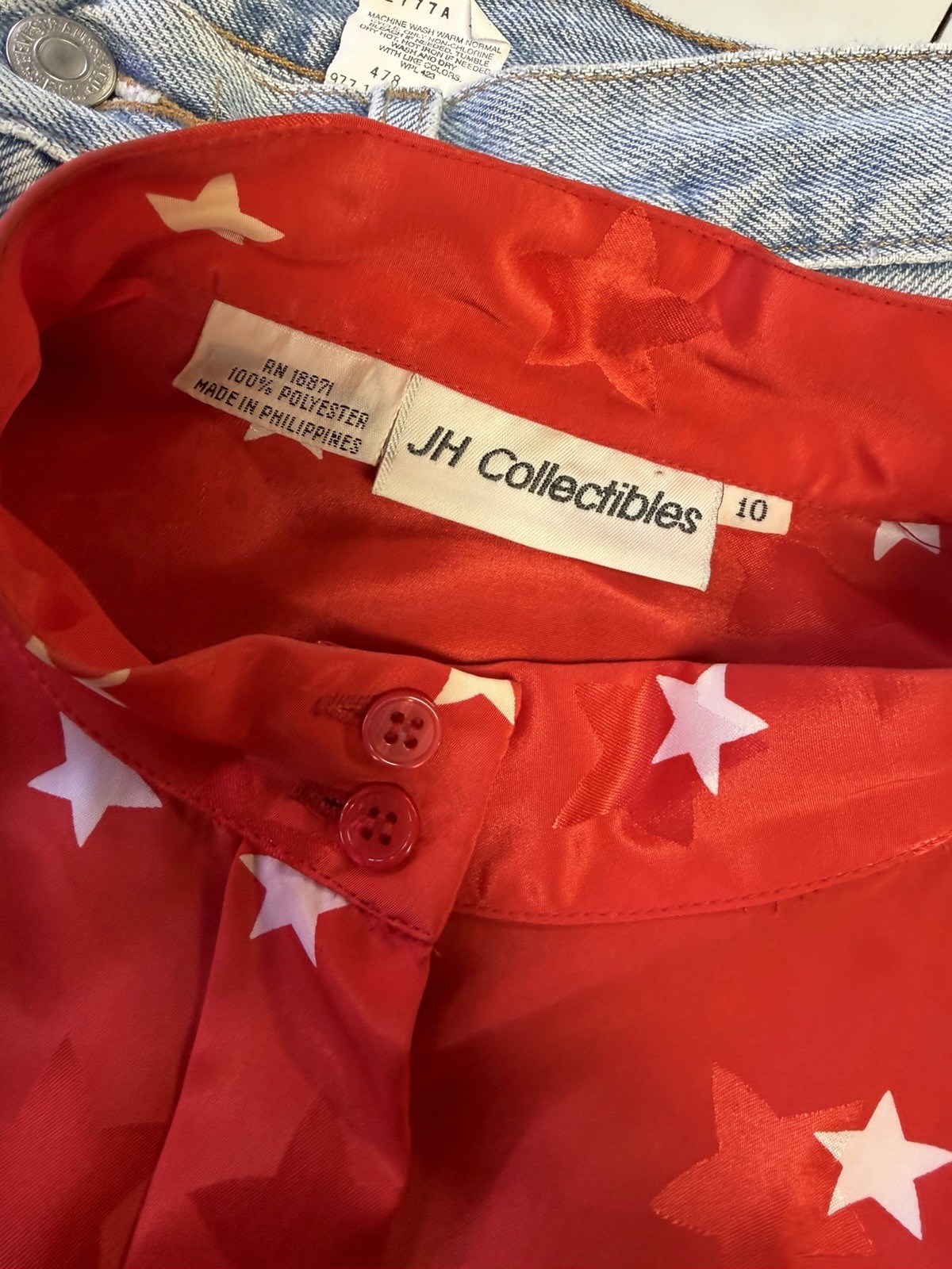 Vintage Patriotic Red JH Collectibles Blouse w/ White Stars And Neck Scarf Sz 10