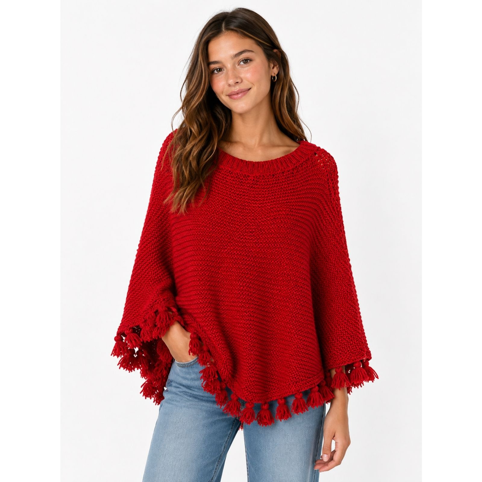 Vintage Handmade Red Tassel Knit Poncho Boho Oversized Fringe Cape Wrap OS