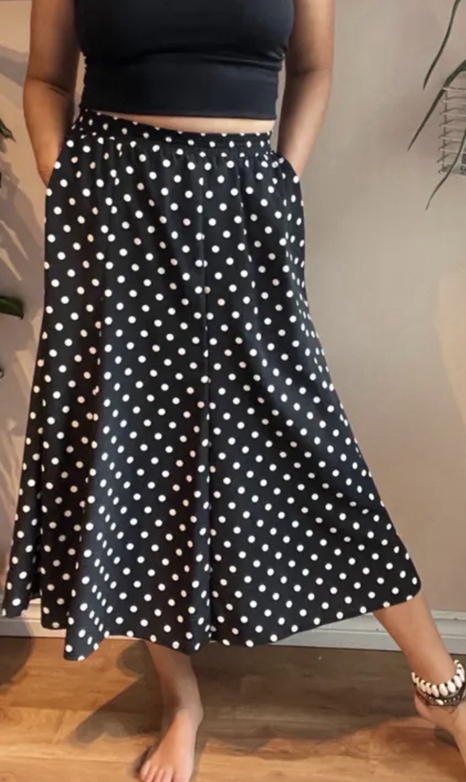 VTG Tan Jay Women’s Black & White Polka Dots Elastic Waist Midi Flowy Skirt 14