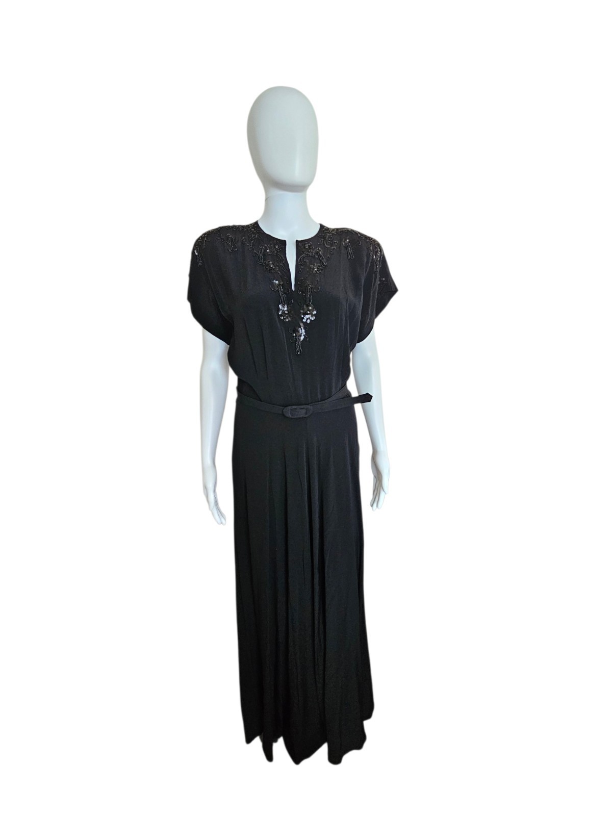 Vtg 40s DuBarry Black Rayon Crepe Beaded Evening Maxi Dress W28-29″