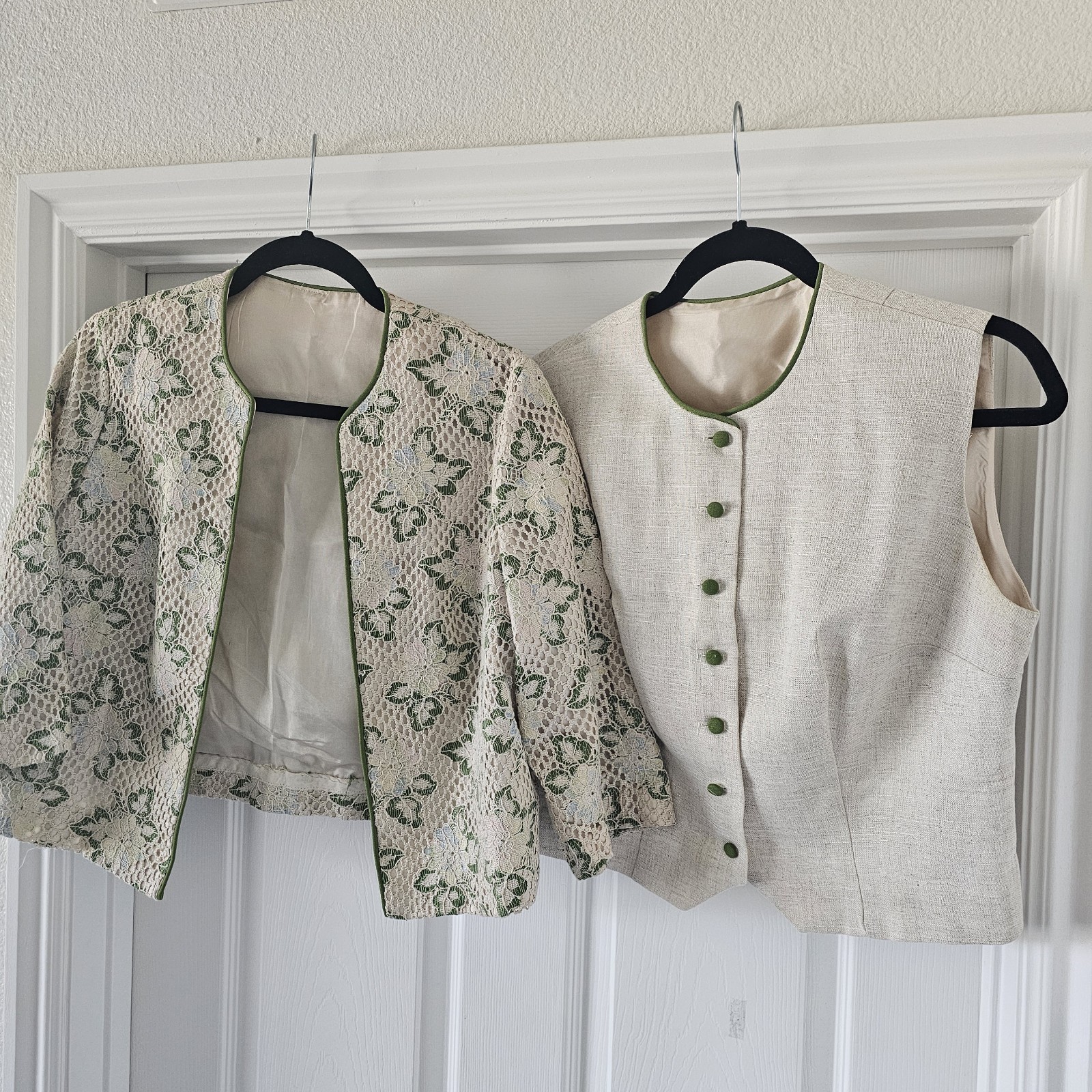 1960s 1970s Vintage Blouse Jacket Set Floral Crochet Lace Linen Top #86
