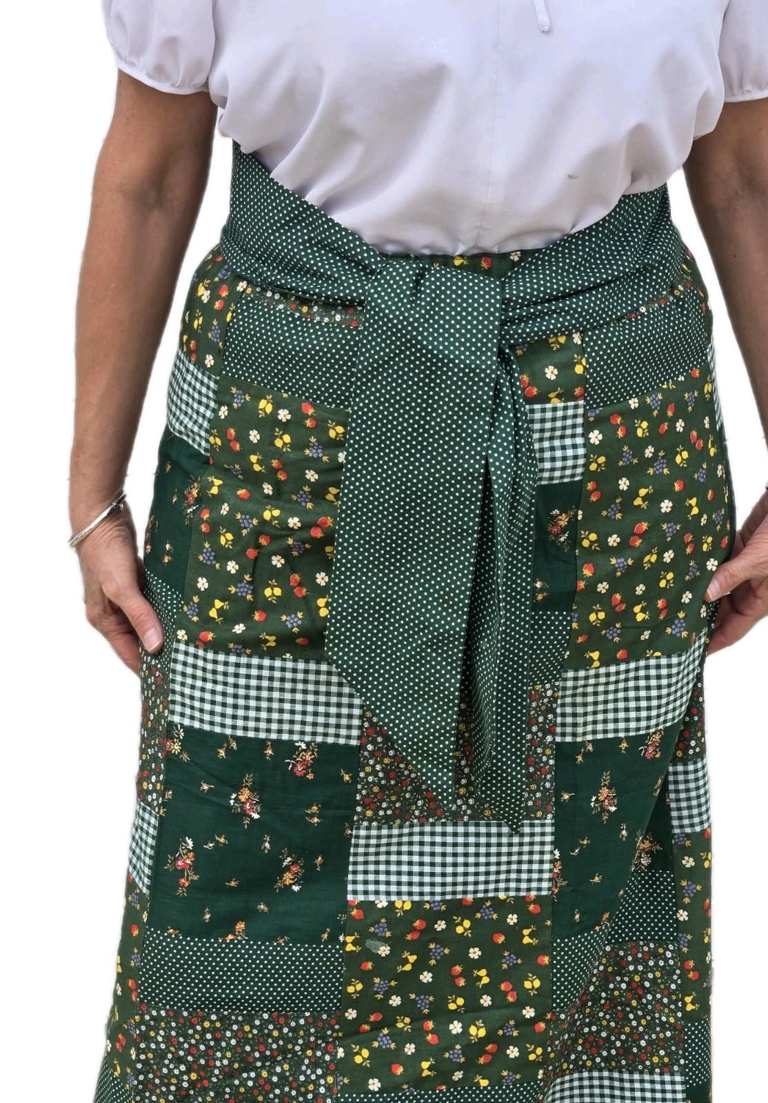 VINTAGE MR. HANK 70s Patchwork Maxi Skirt Green Plaid Fliwers Strawberries M