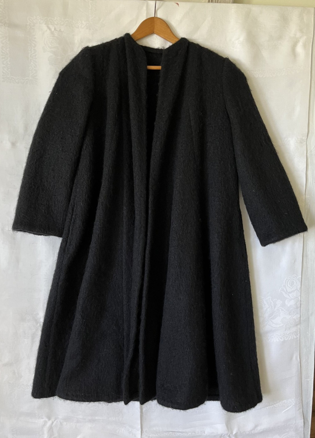 Pauline Trigere Couture Evening Wear Vintage Black Mohair Swing Coat Open Front