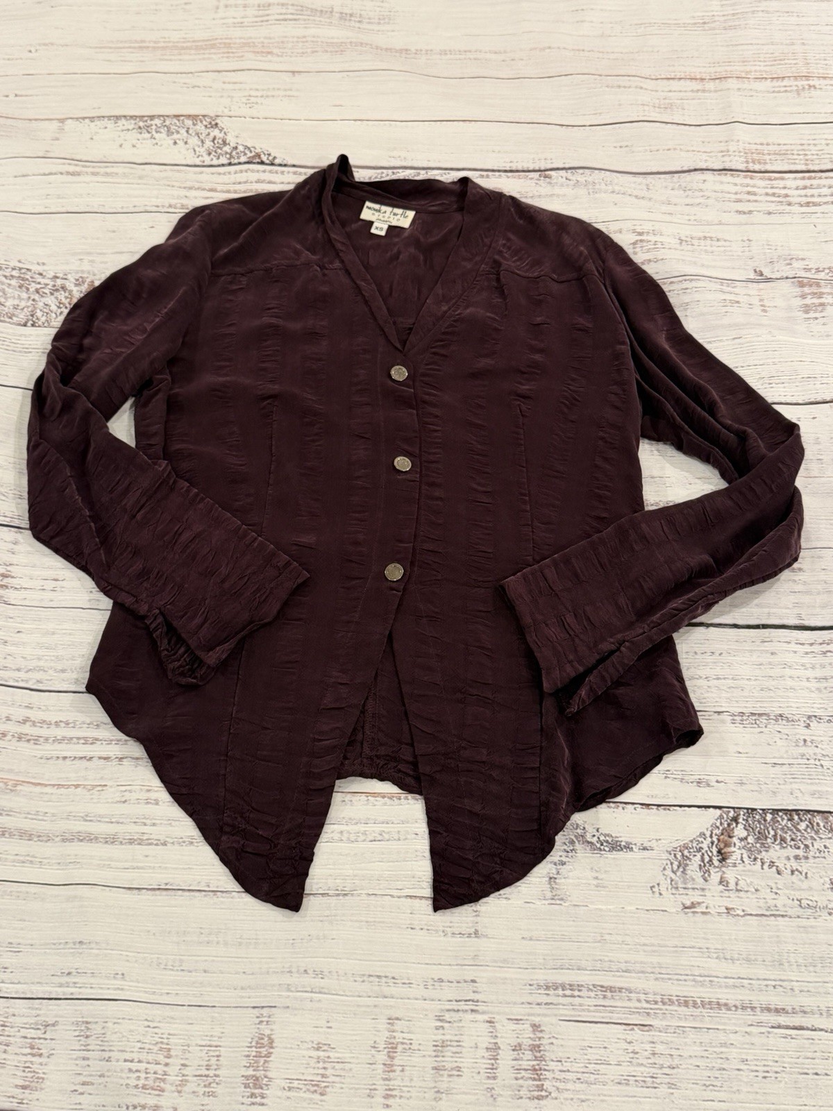 Vintage 90s Monika Turtle Crinkle Blouse Women XS Split Hem Textured Made In USA