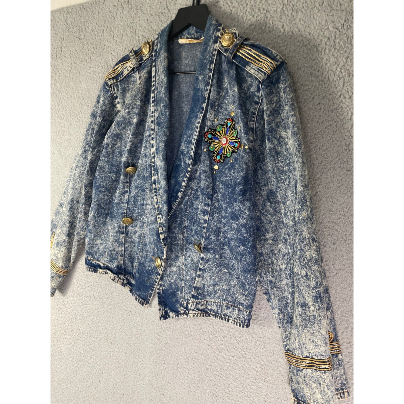Vintage Acid Wash Denim Jacket Womens Small Military Embroidered 80s Crop