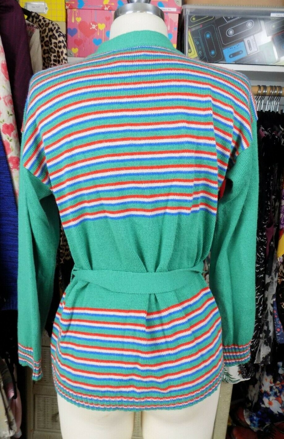 Vintage Sears Mates Junior Bizaar Green Red White Blue Striped Cardigan Medium