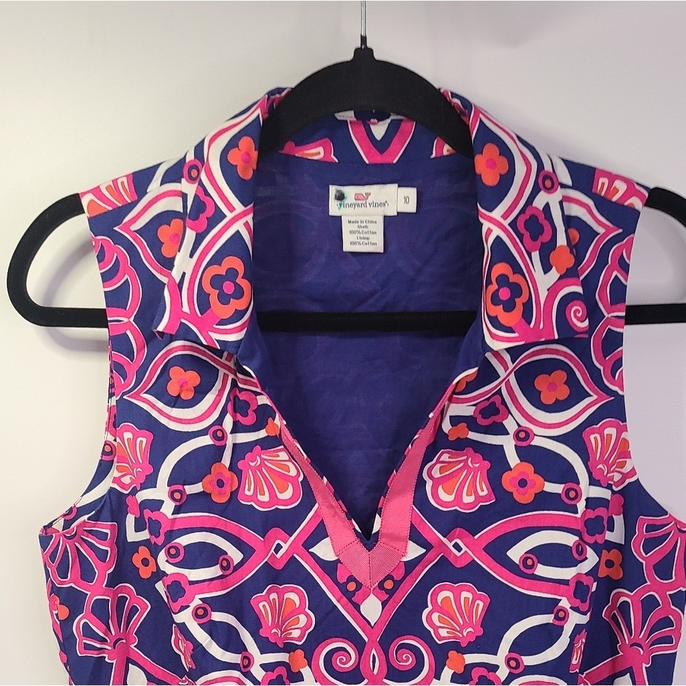 Vineyard vines pink purple white cotton v neck aztec print midi dress size 10
