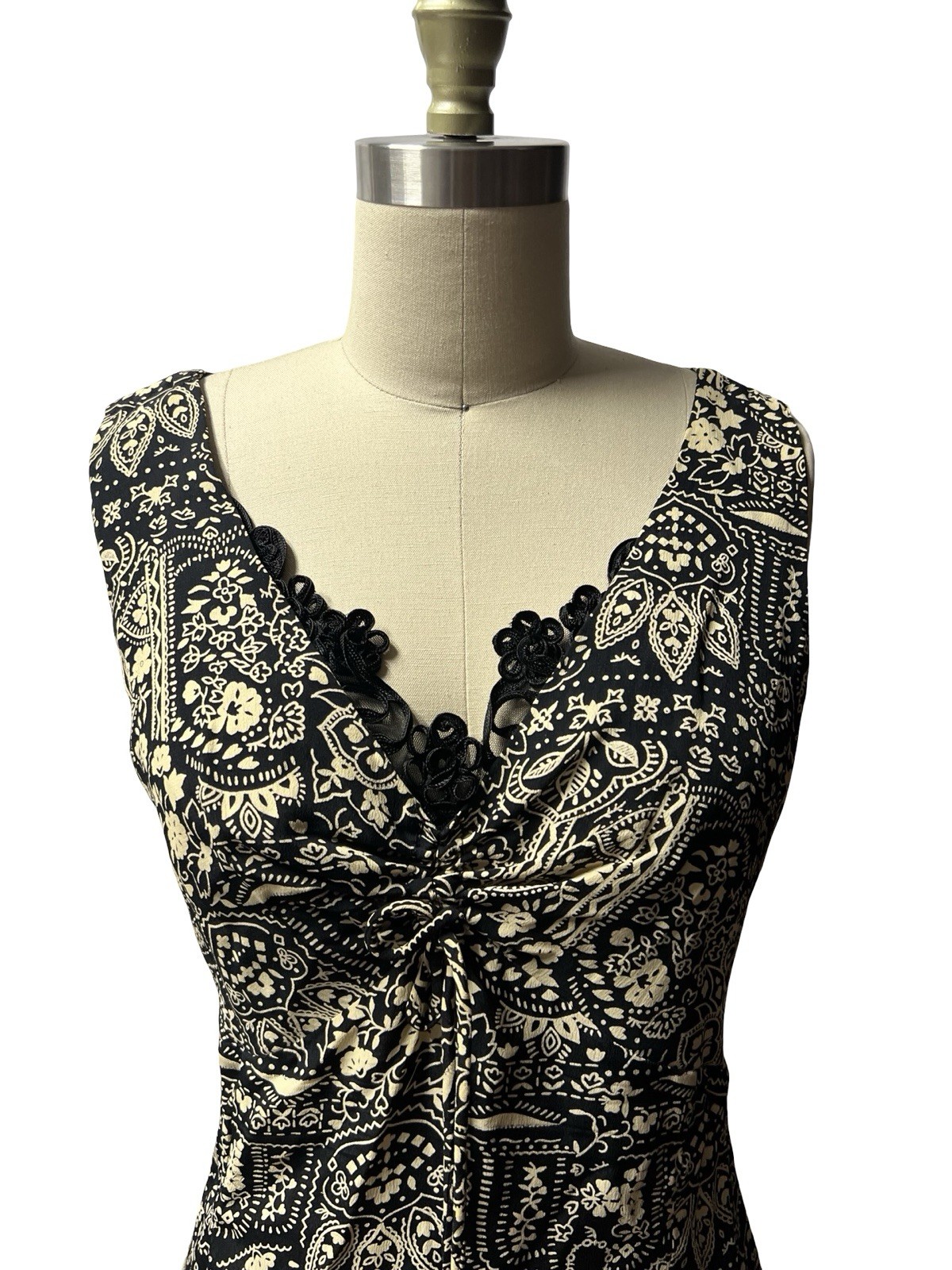 Vtg 90s Paisley Hi-Low Hem Midi Dress Womens 15/16 Black Cream Rayon Boho Grunge