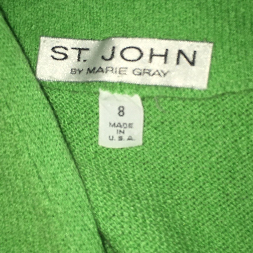 Vintage St. John by Marie Gray Knit Green Dress Puff Sleeves Size 8 1980s V-neck