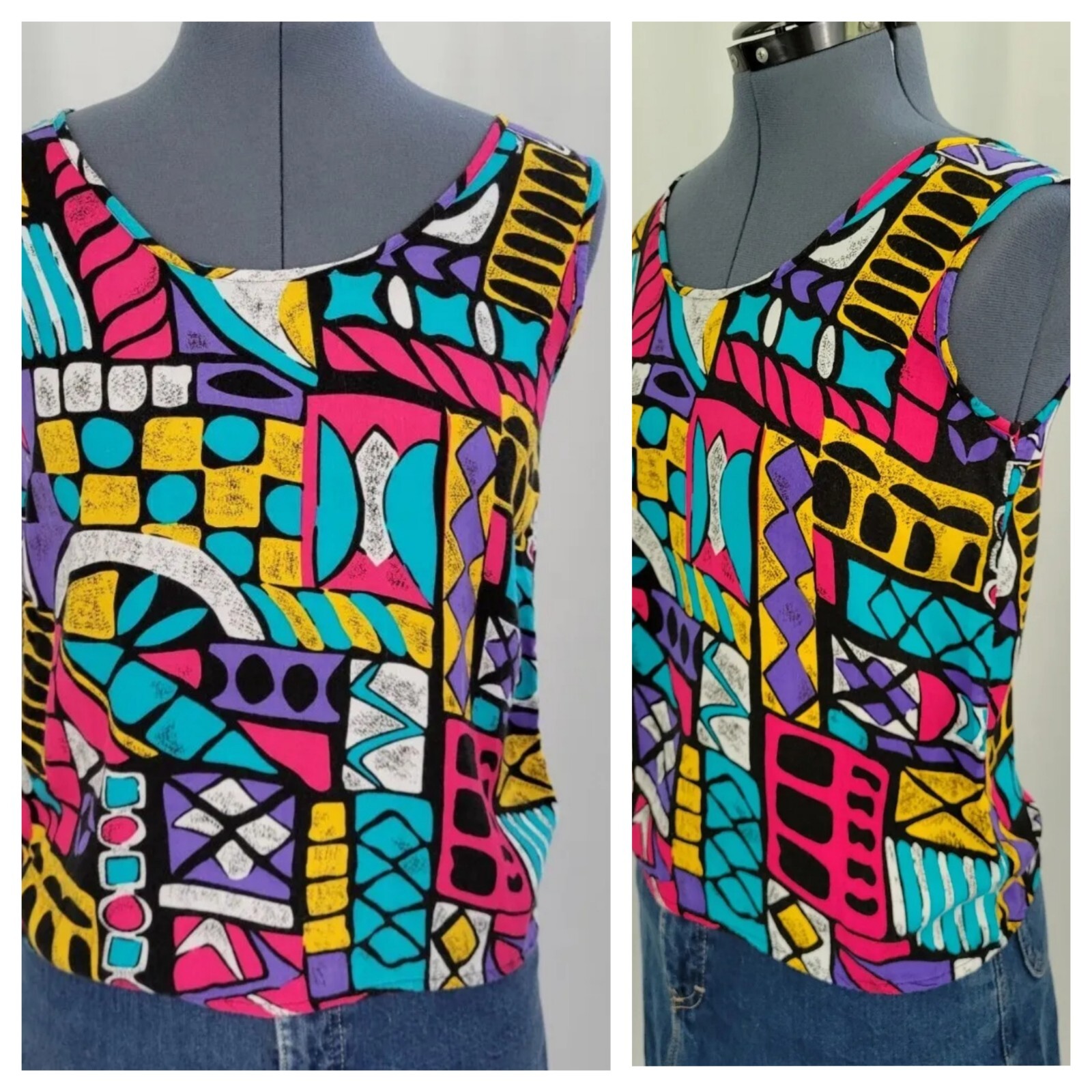Vtg Rafferty 90’s Geometric Pink/Blue/Yellow/White/Black/Purple Tank Top Sz 7