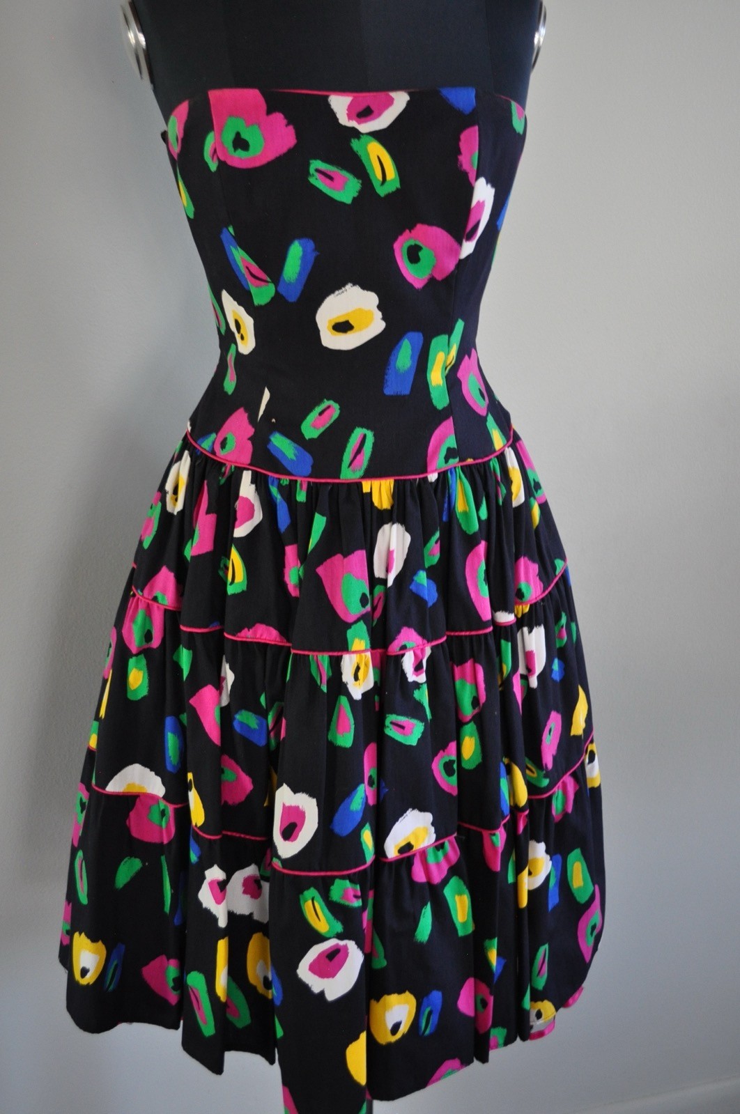 Vintage Prom Dress 1980’s AJ Bari Size 8 Black with Geometric Pattern Drop Waist