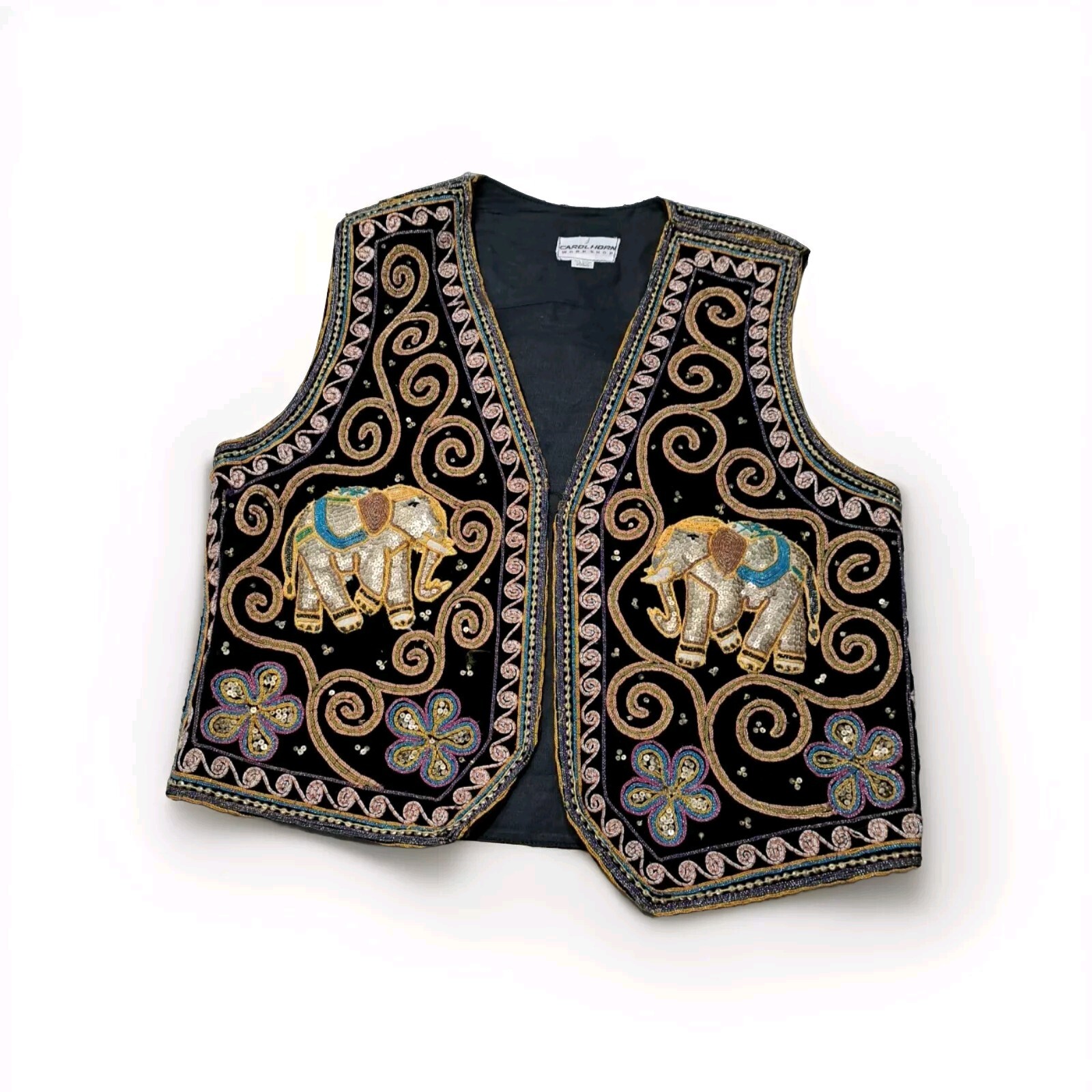 Vintage Carol Horn Workshop 3D Elephant Vest Bead Sequin Boho M/L Hand Sewn
