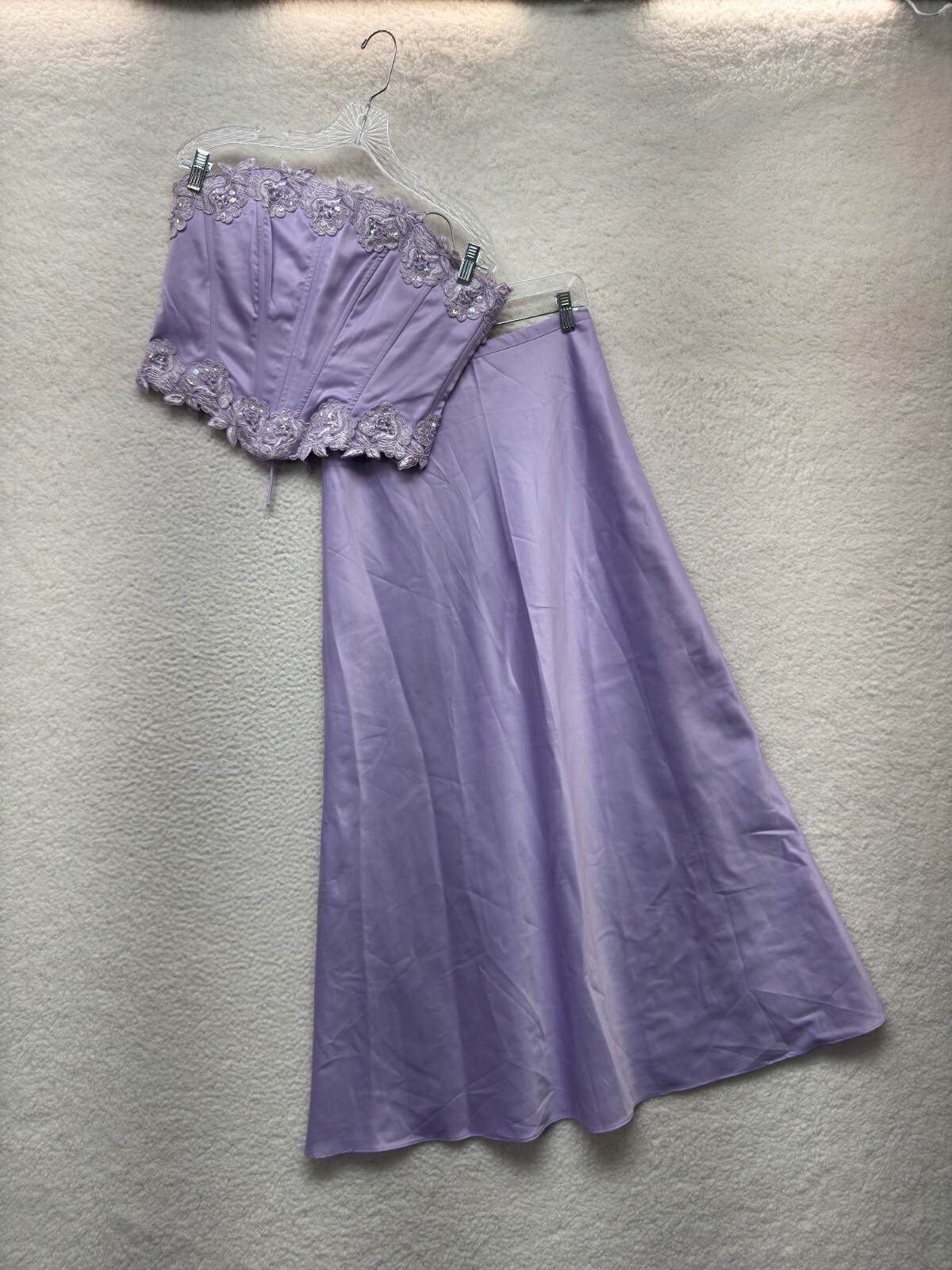 90s Vintage Fairy Prom Dress 2 Piece Set M Medium Satin Lavender Purple Corset