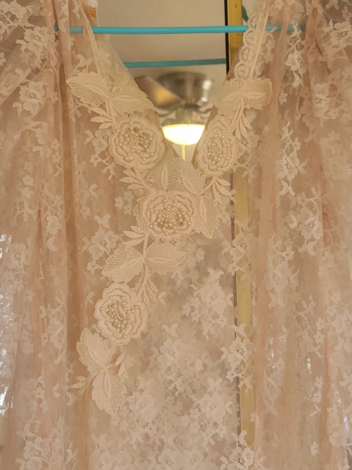 VINTAGE 1970S LORRIE KABALA SHEER NUDE LACE WEDDING DRESS Size XS BEAUTIFUL
