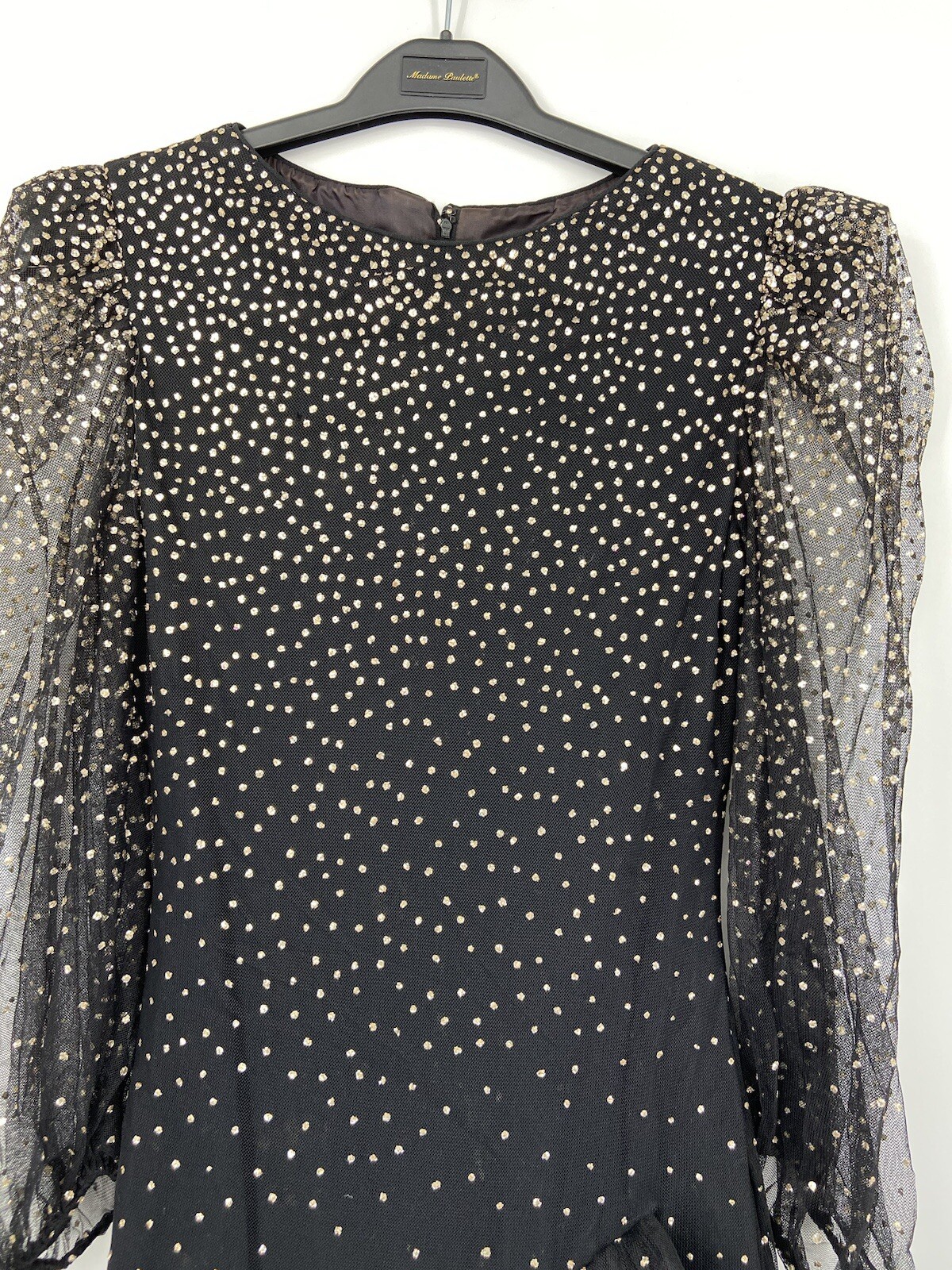 Vintage Travilla black Tulle & Gold sparkle Evening dress long sleeve size 10