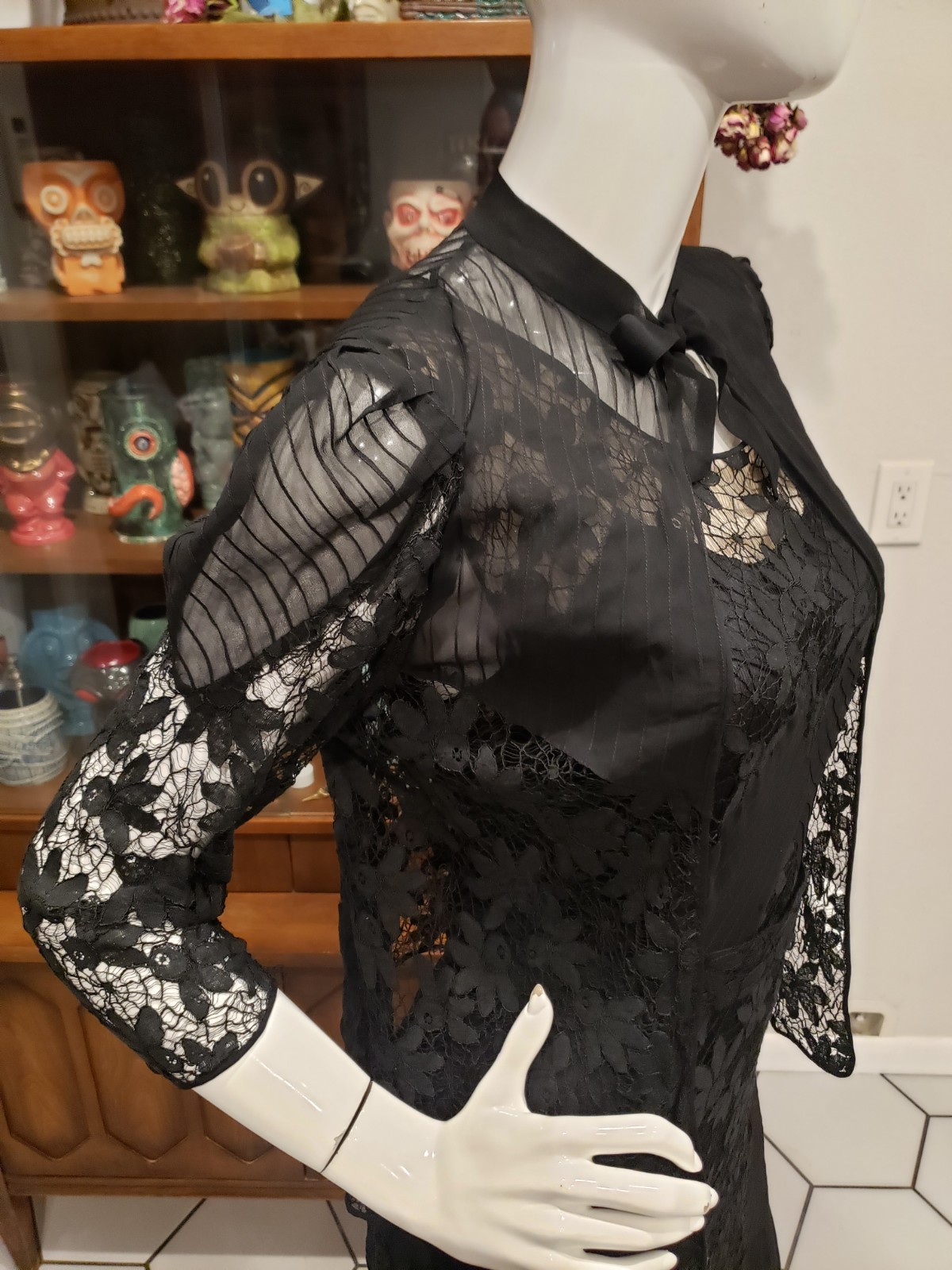 Vintage 1930s Spider Web Lace Silk Chiffon Three Piece Jacket Dress Set Sm