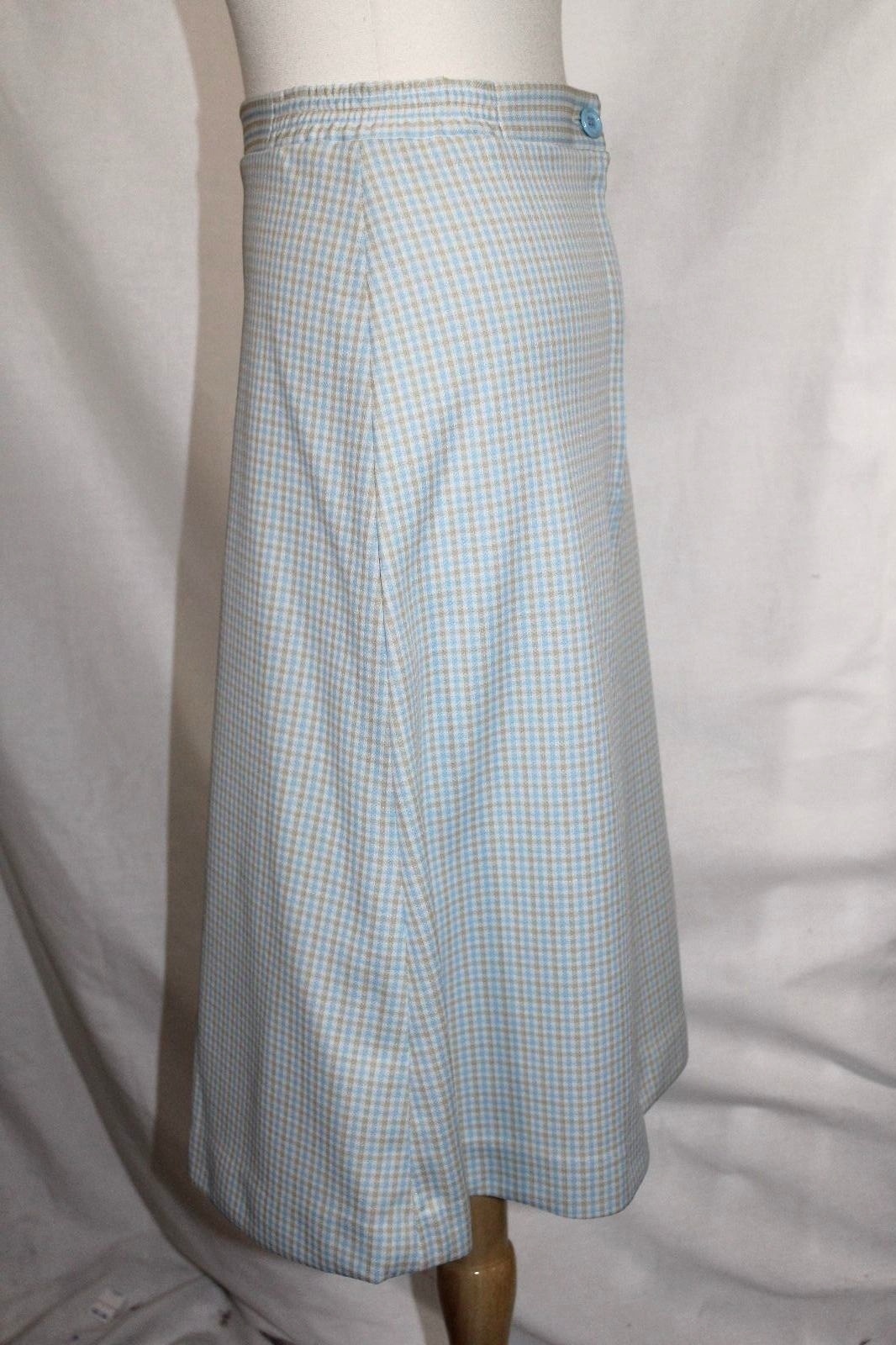 Vintage 60s Women’s 27 ( S) Blue & Beige Plaid Polyester Below-Knee A-Line Skirt
