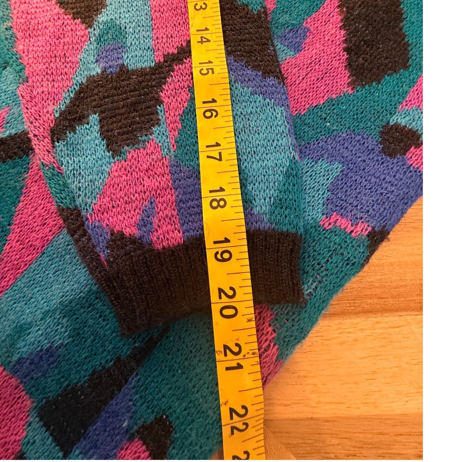 Vintage 90s Odyssey Geometric Abstract Knit Sweater Pink Teal Wool Blend Large