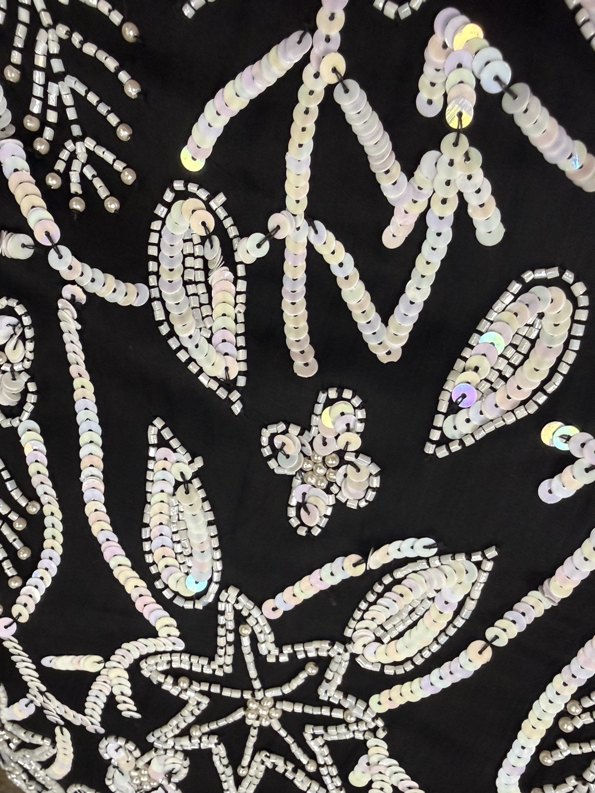 Vintage 80s Sténay Silk Beaded Sequin Top L Black White Shoulder Pads