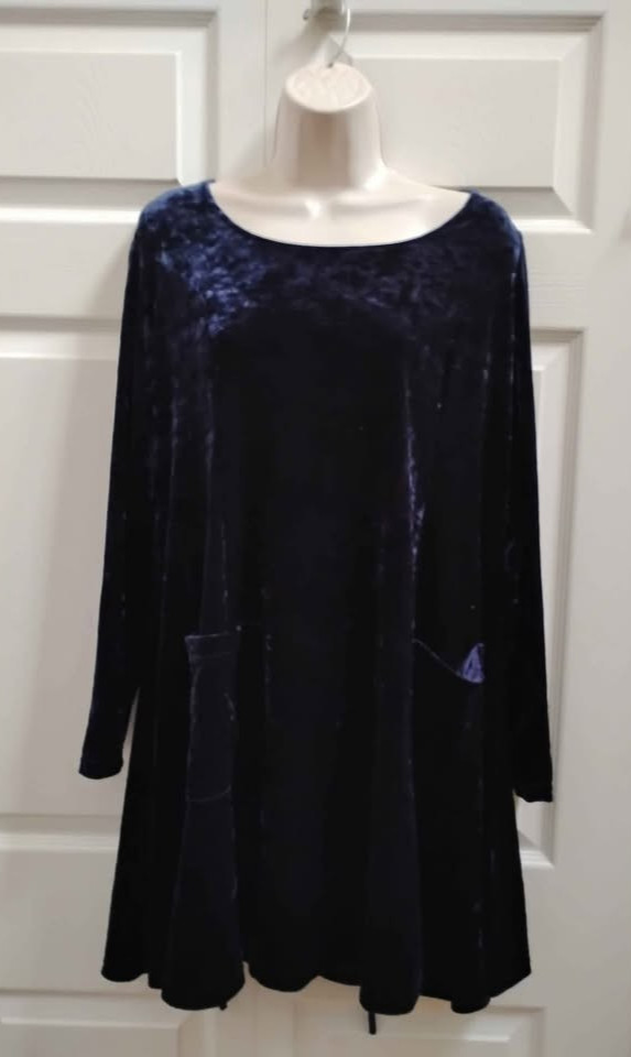 MODA INT’L Women’s Large A-Line Dress Blue Crush Velvet Long Sleeves Pockets VTG